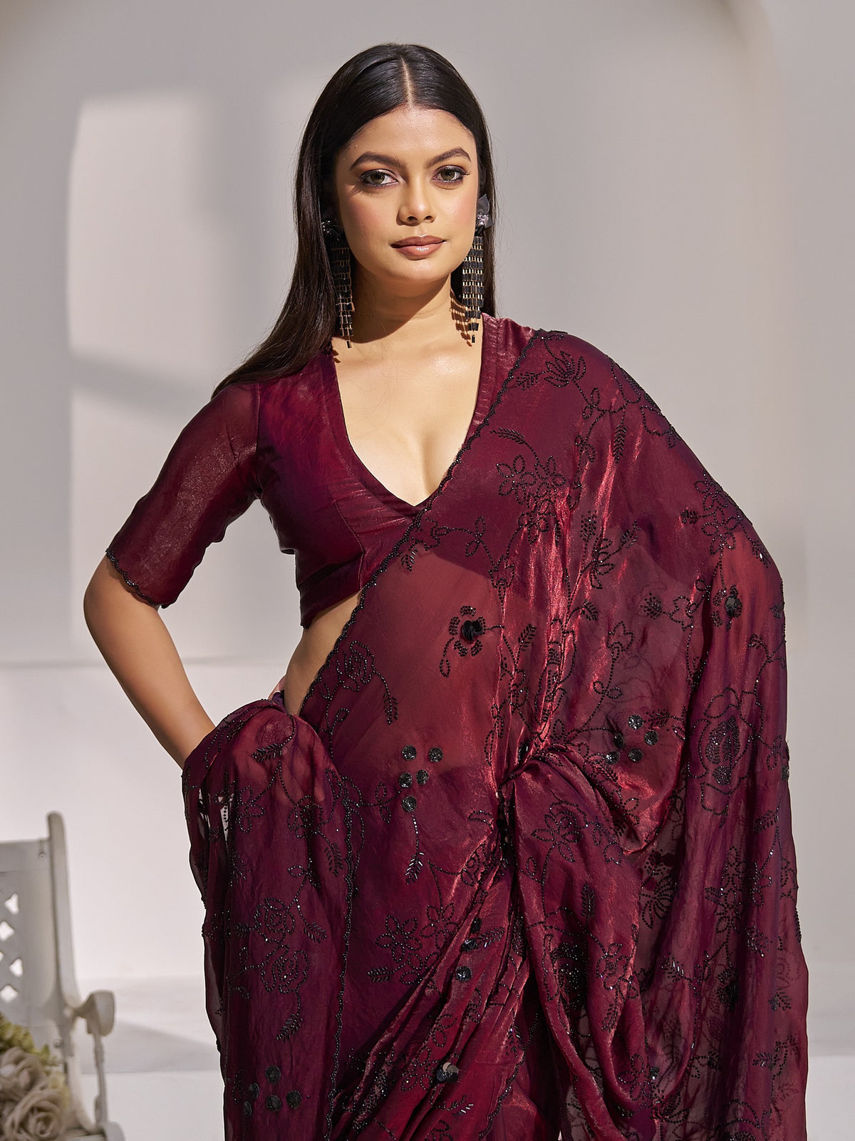 Maroon satin silk saree view 4