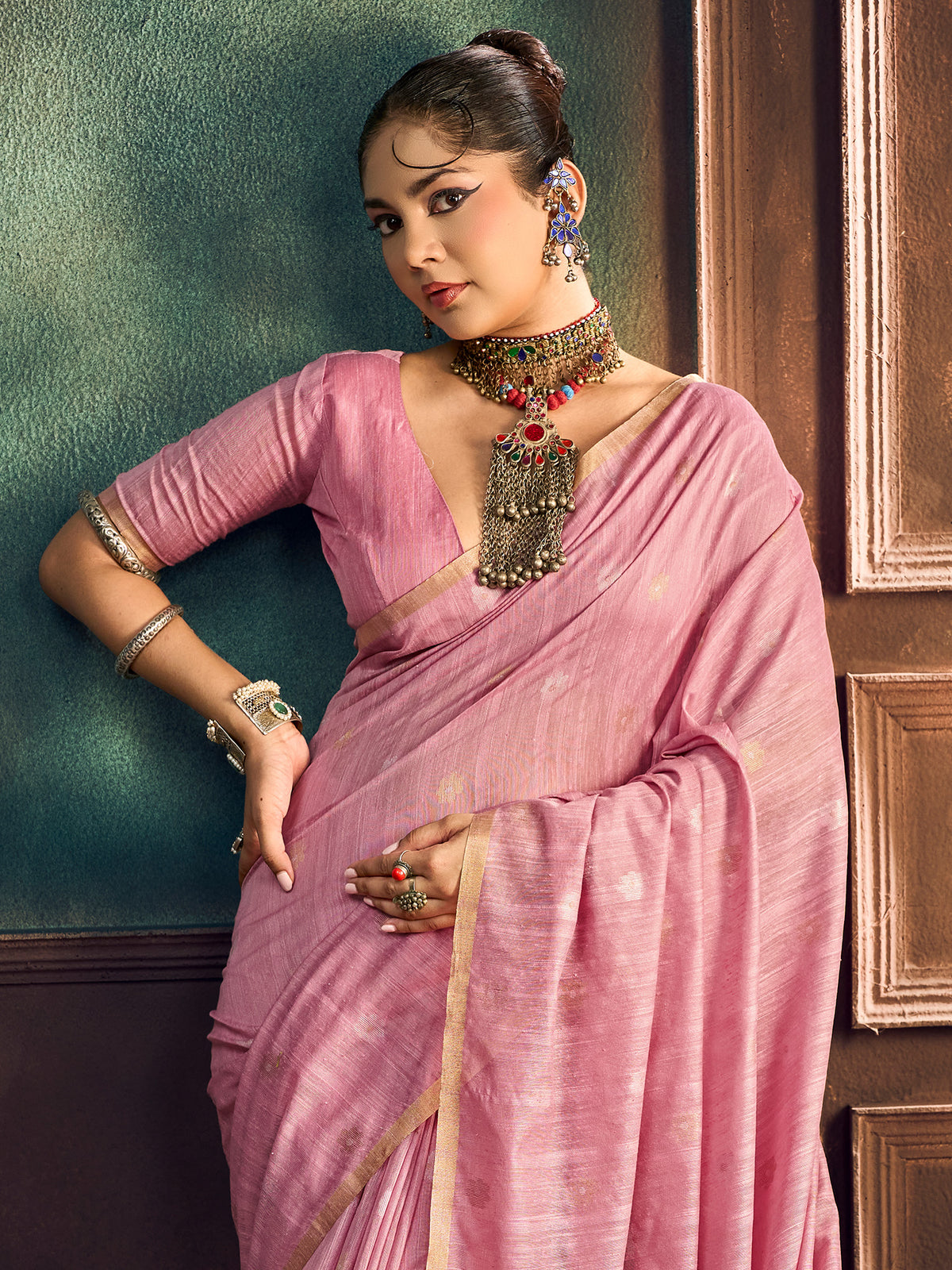 Pink Muga Cotton saree – detail view 3