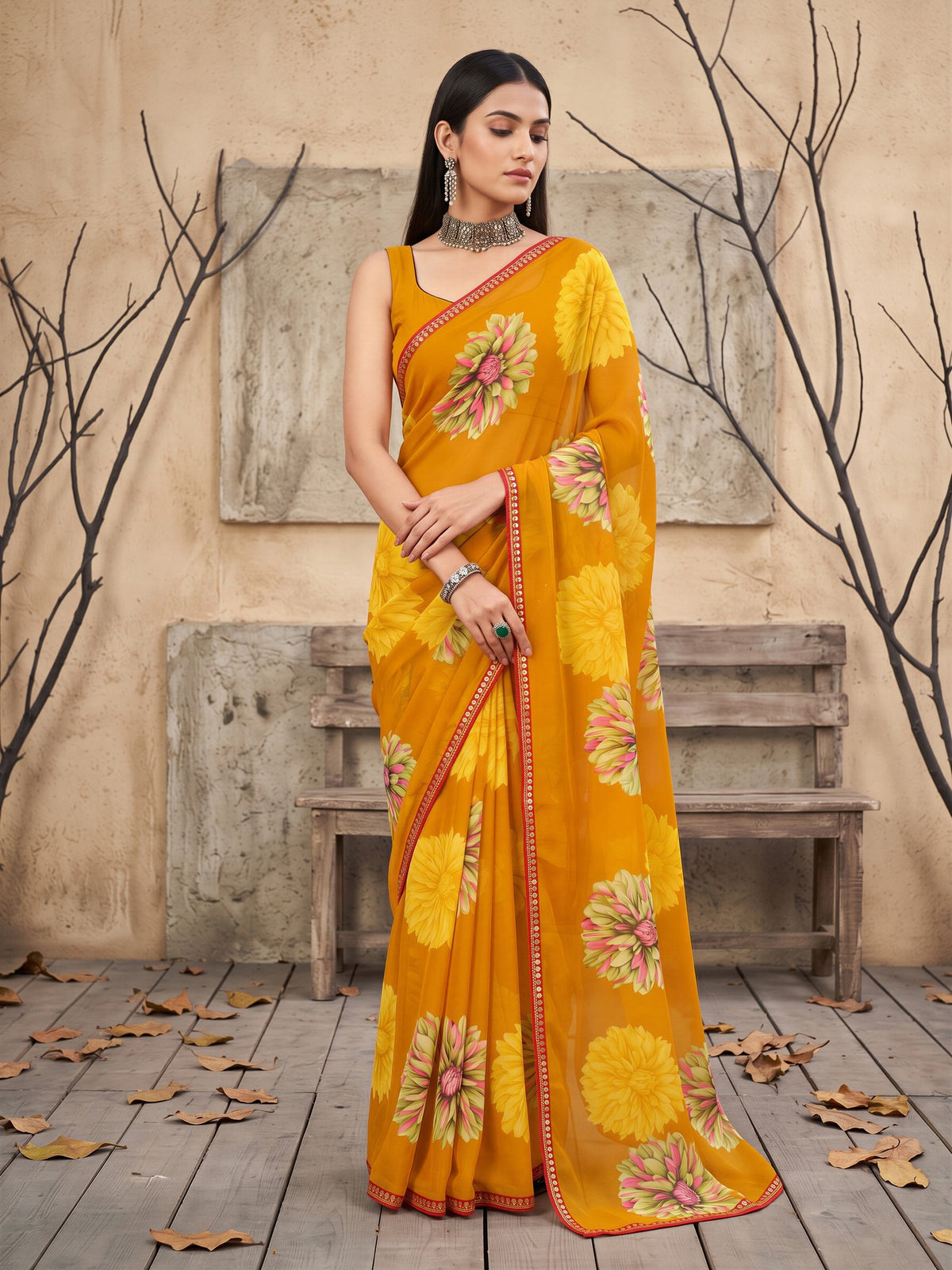 Woman wearing mustard georgette saree with all-over floral design and mustard blouse