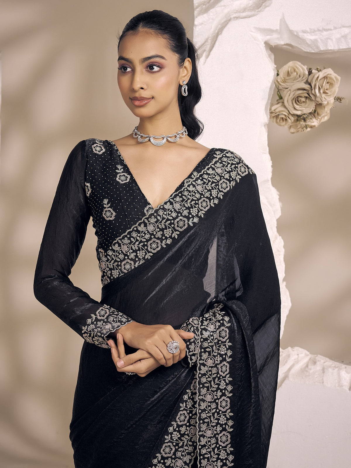 Black satin silk saree view 4