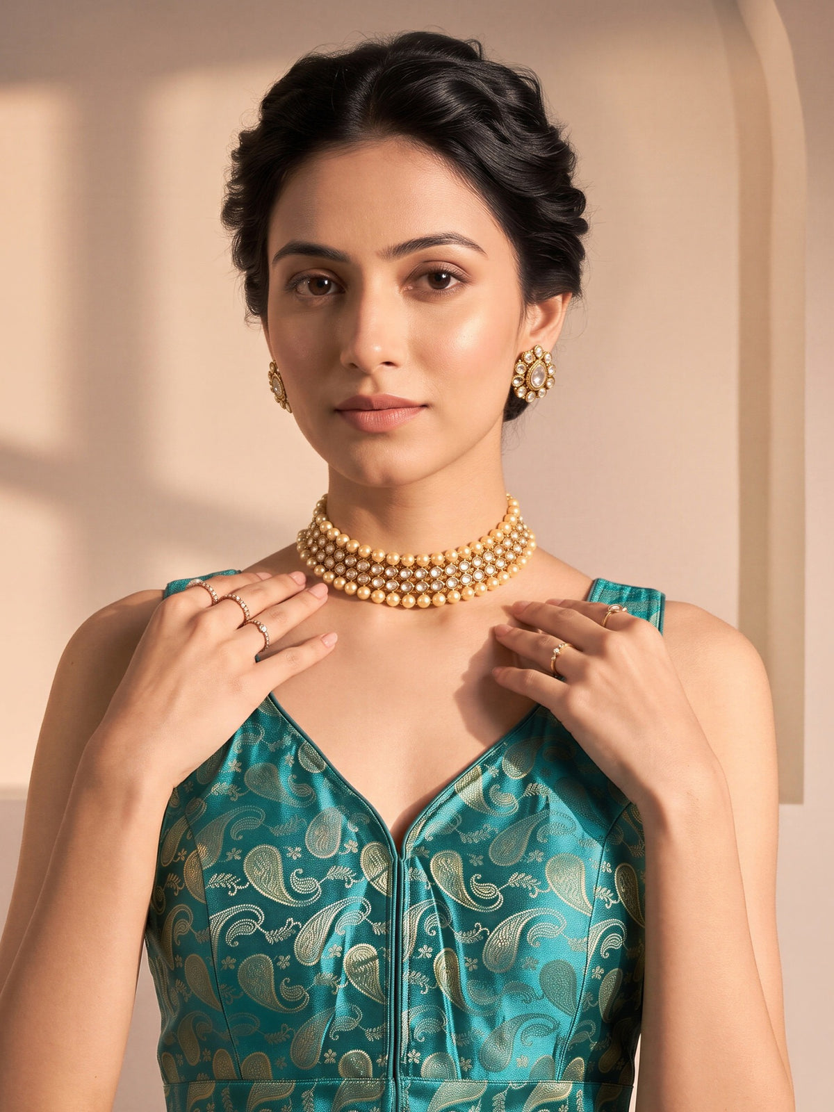 Turquoise Blue woven brocade silk blend sleeveless readymade saree blouse with v neck view 3