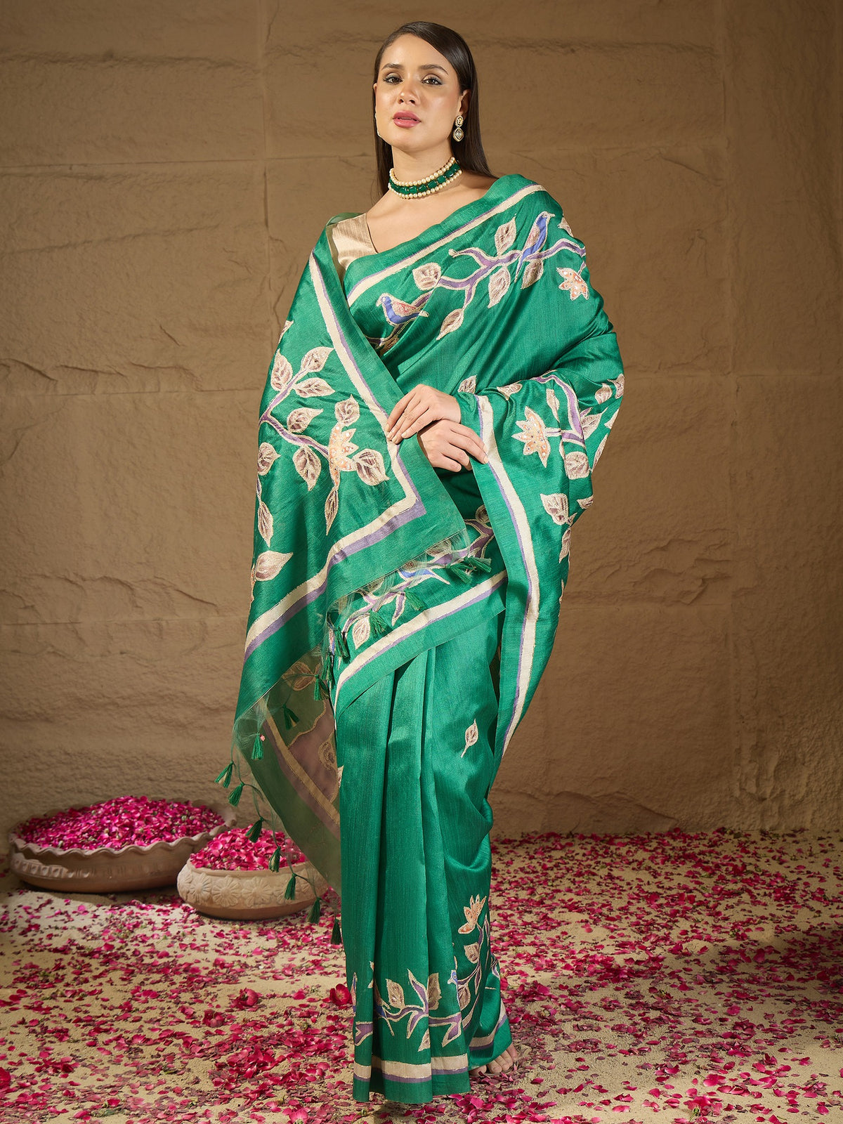 Teal Green art silk saree view 4