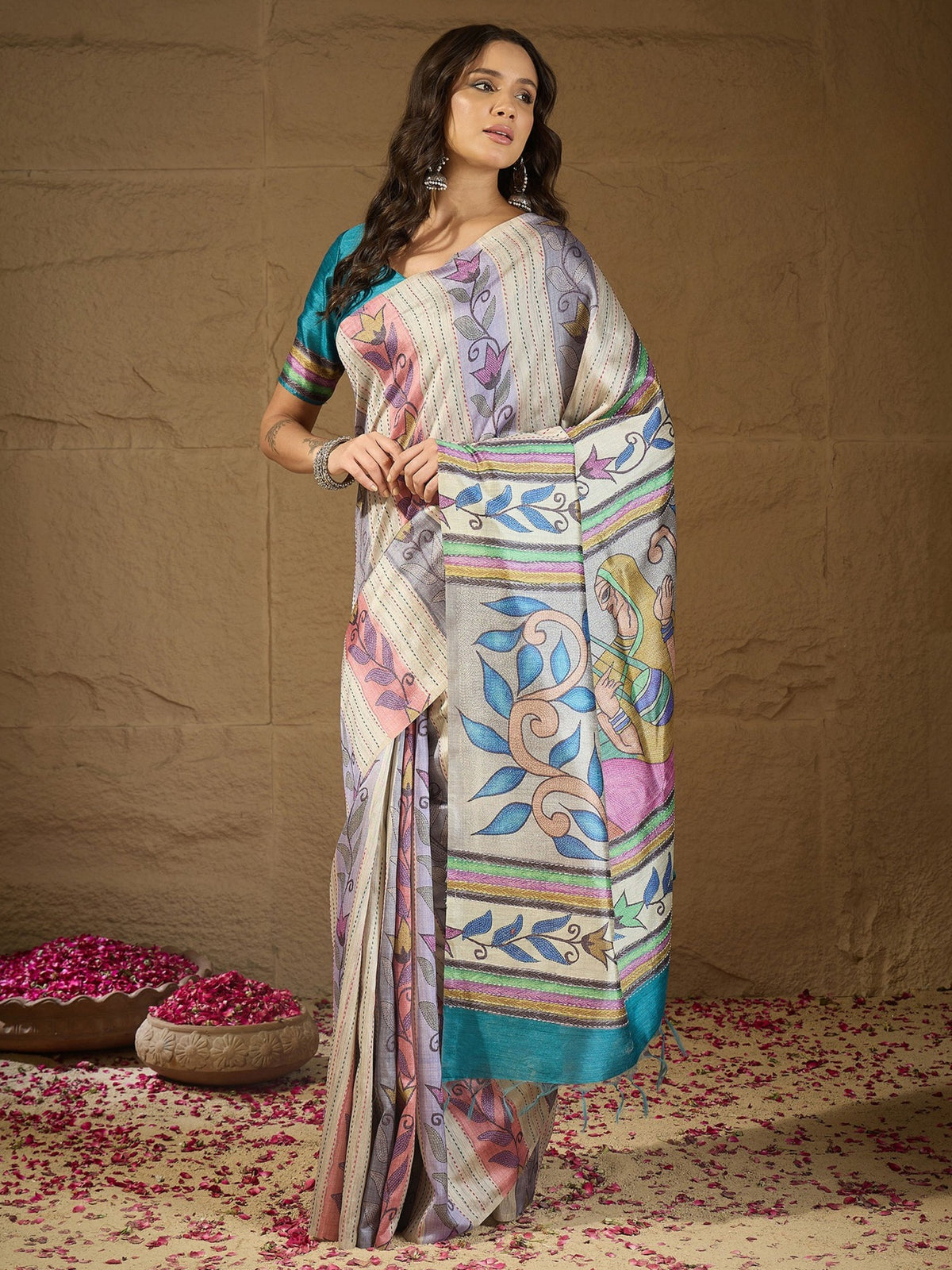 Multicolored kalamkari art silk saree with turquoise blue blouse piece