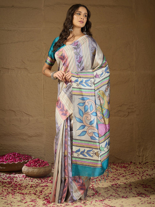 Multicolored kalamkari art silk saree with turquoise blue blouse piece