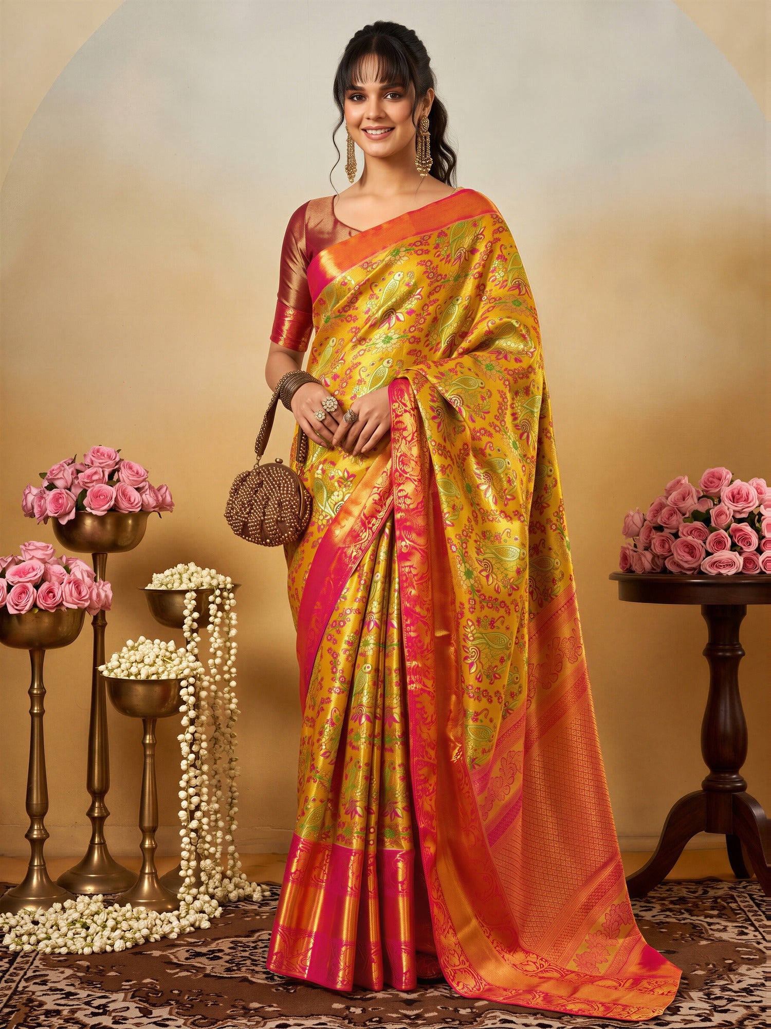 Woman wearing yellow silk blend saree with traditional indian motif work and pink blouse
