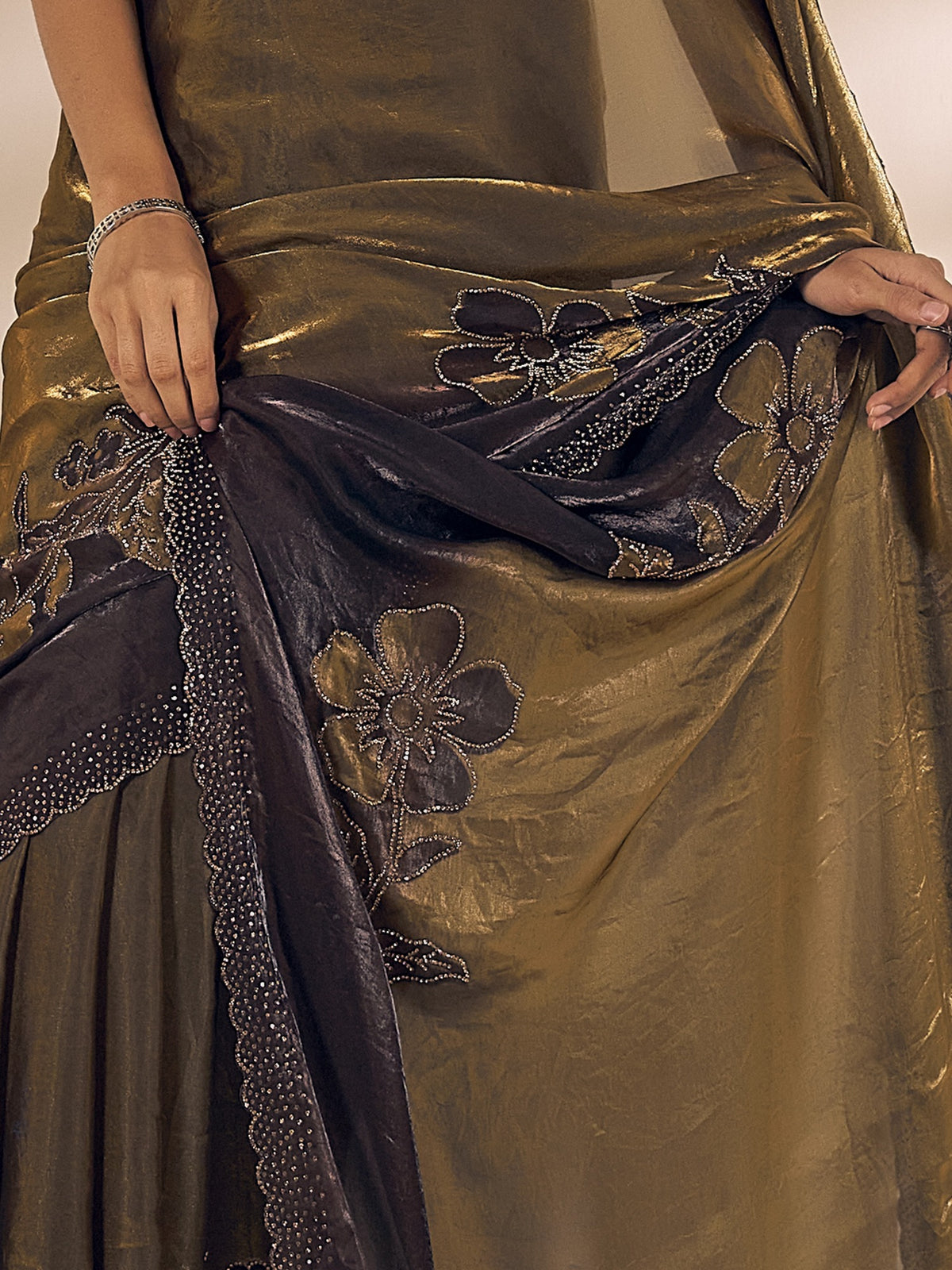 Olive satin silk saree view 5