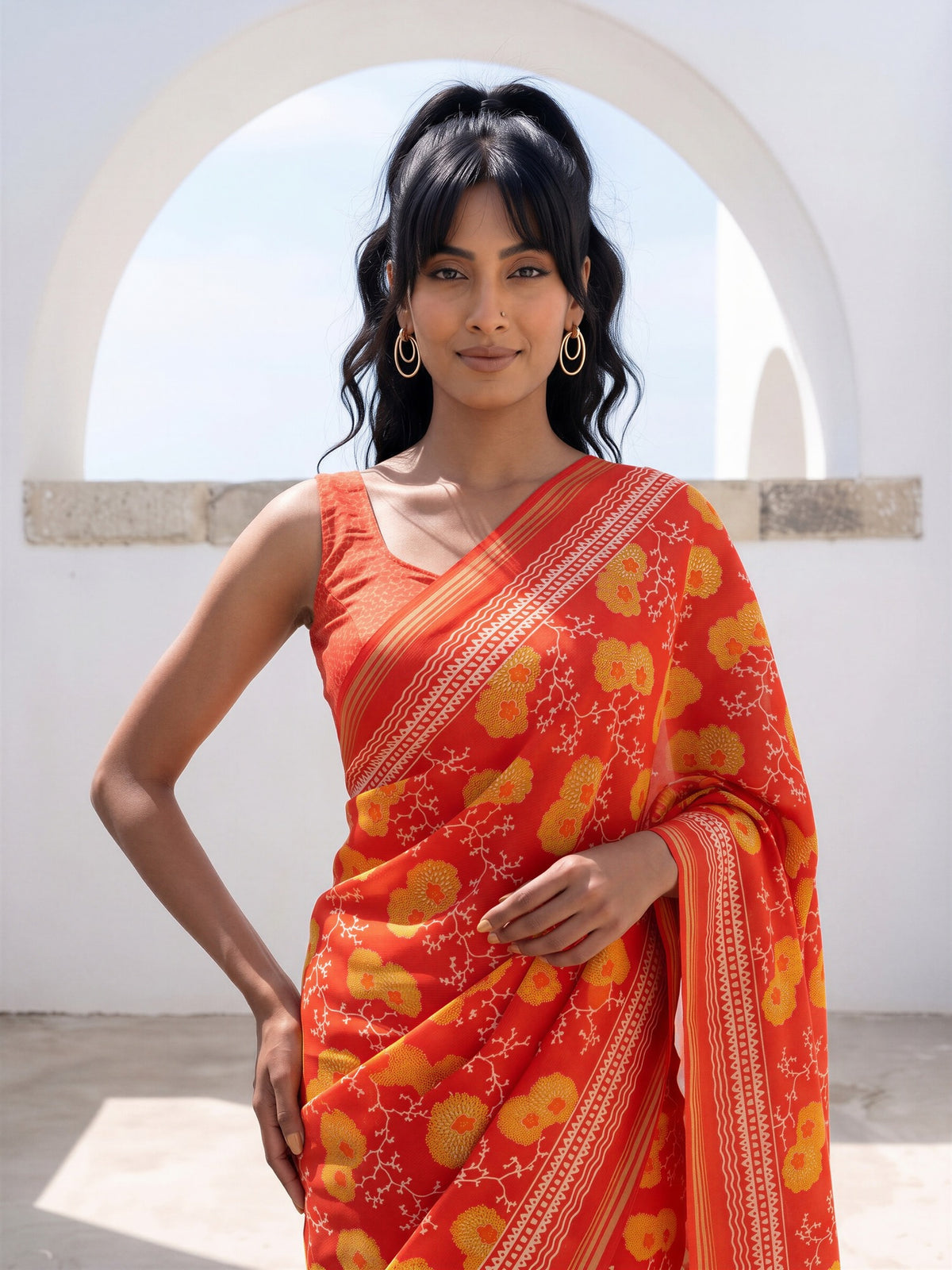 Orange Crepe saree – detail view 4