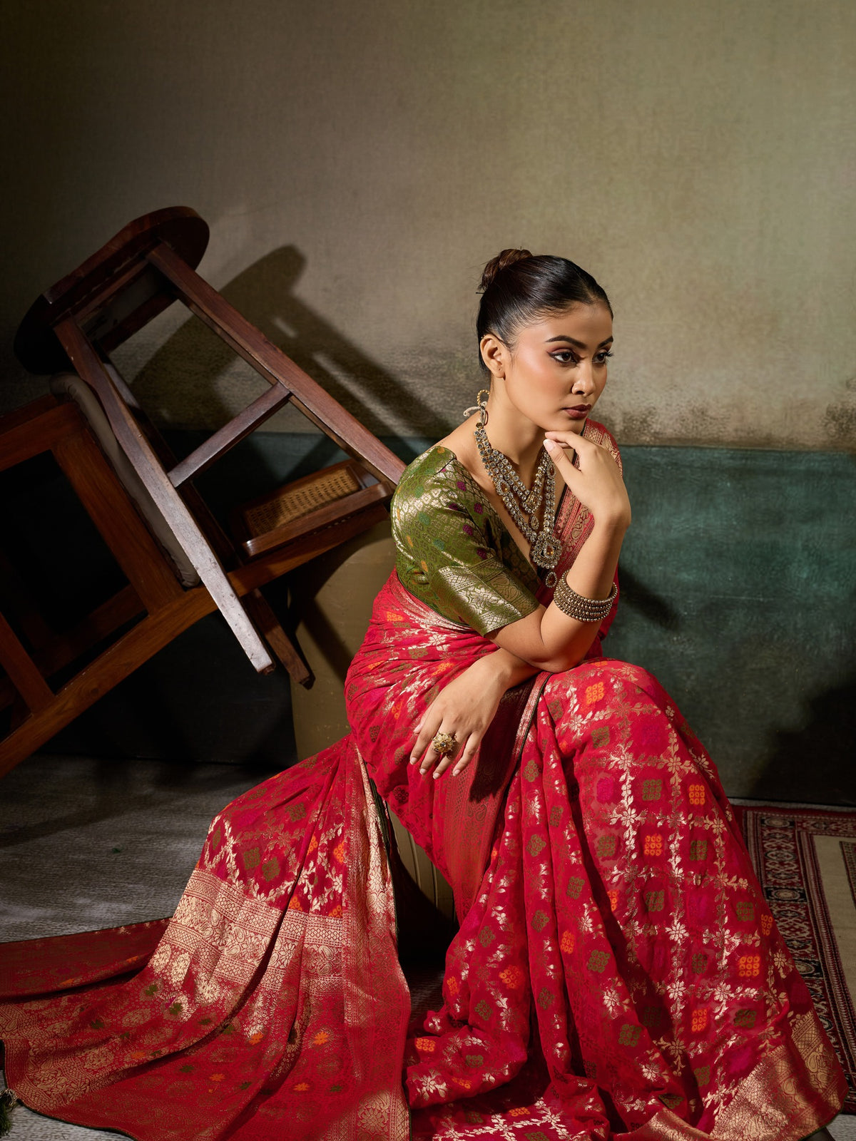 Red Georgette saree – detail view 3