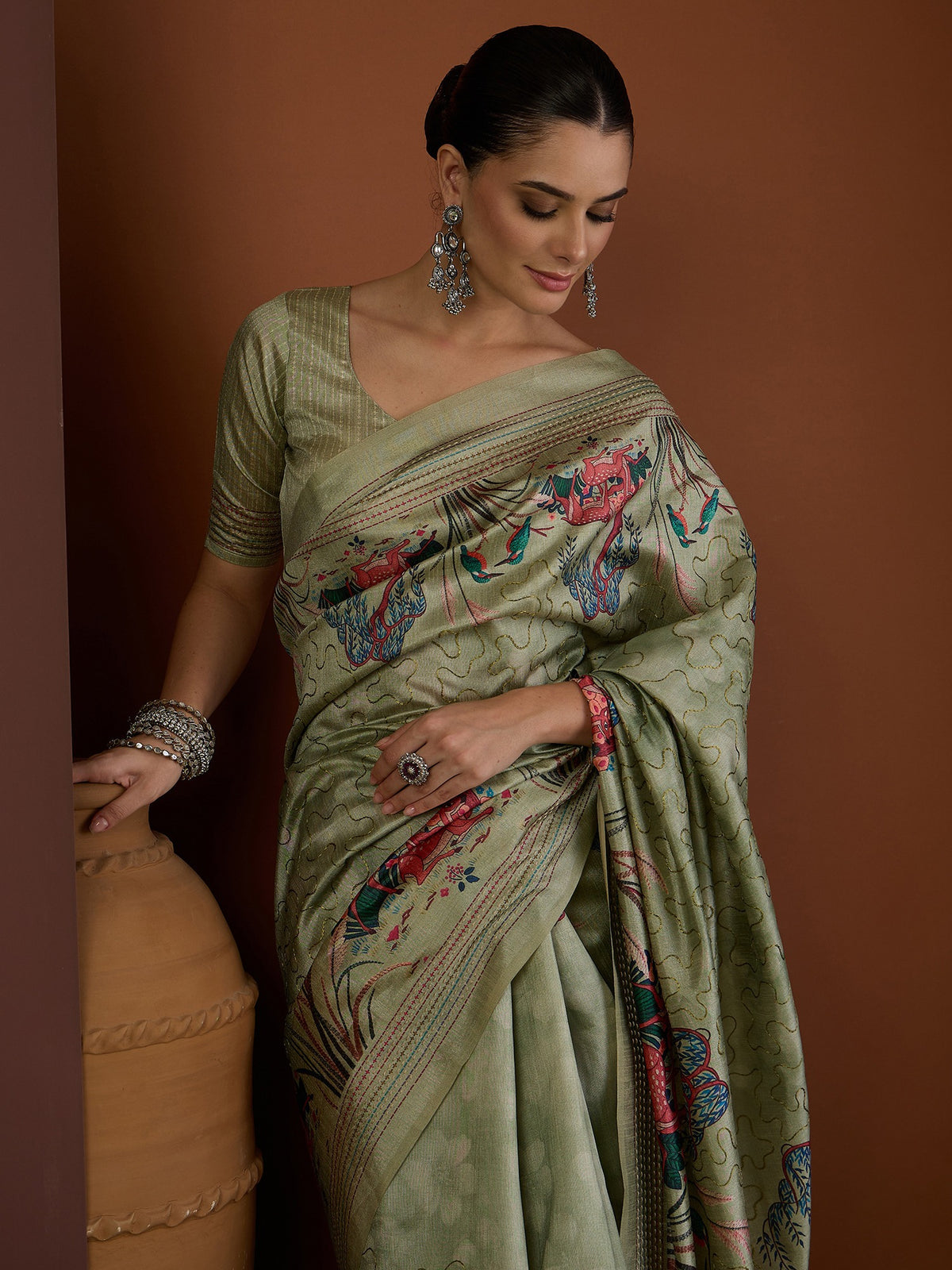 Sea Green art silk saree view 5