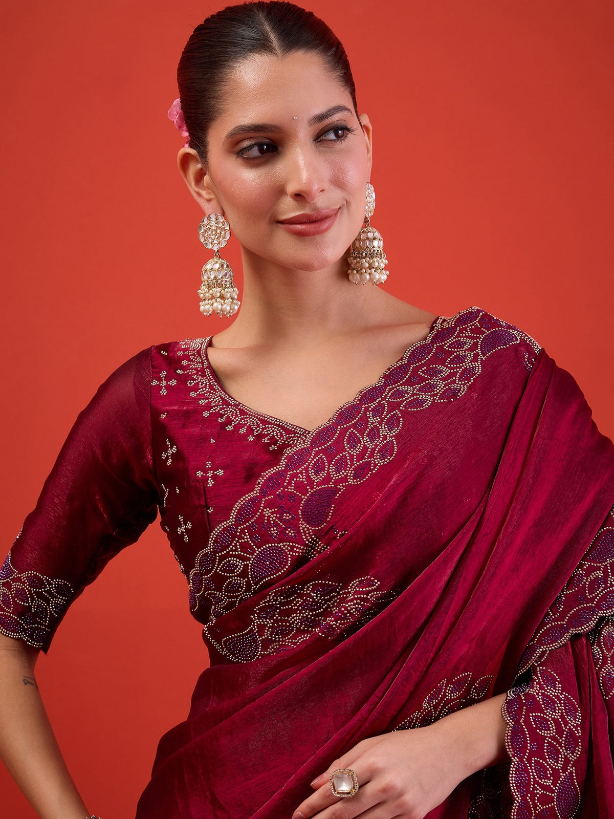 Magenta Satin saree – detail view 3