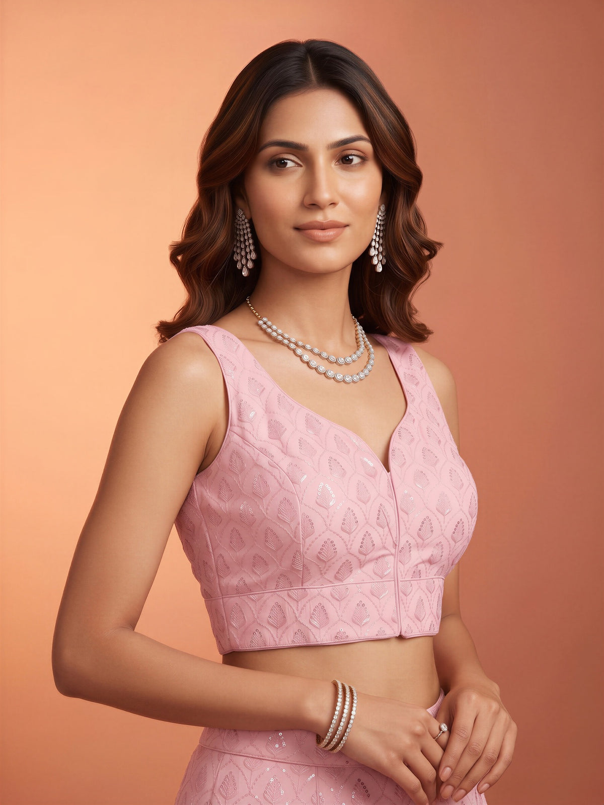Pink sequin embroidered georgette sleeveless readymade saree blouse with sweetheart neck view 3