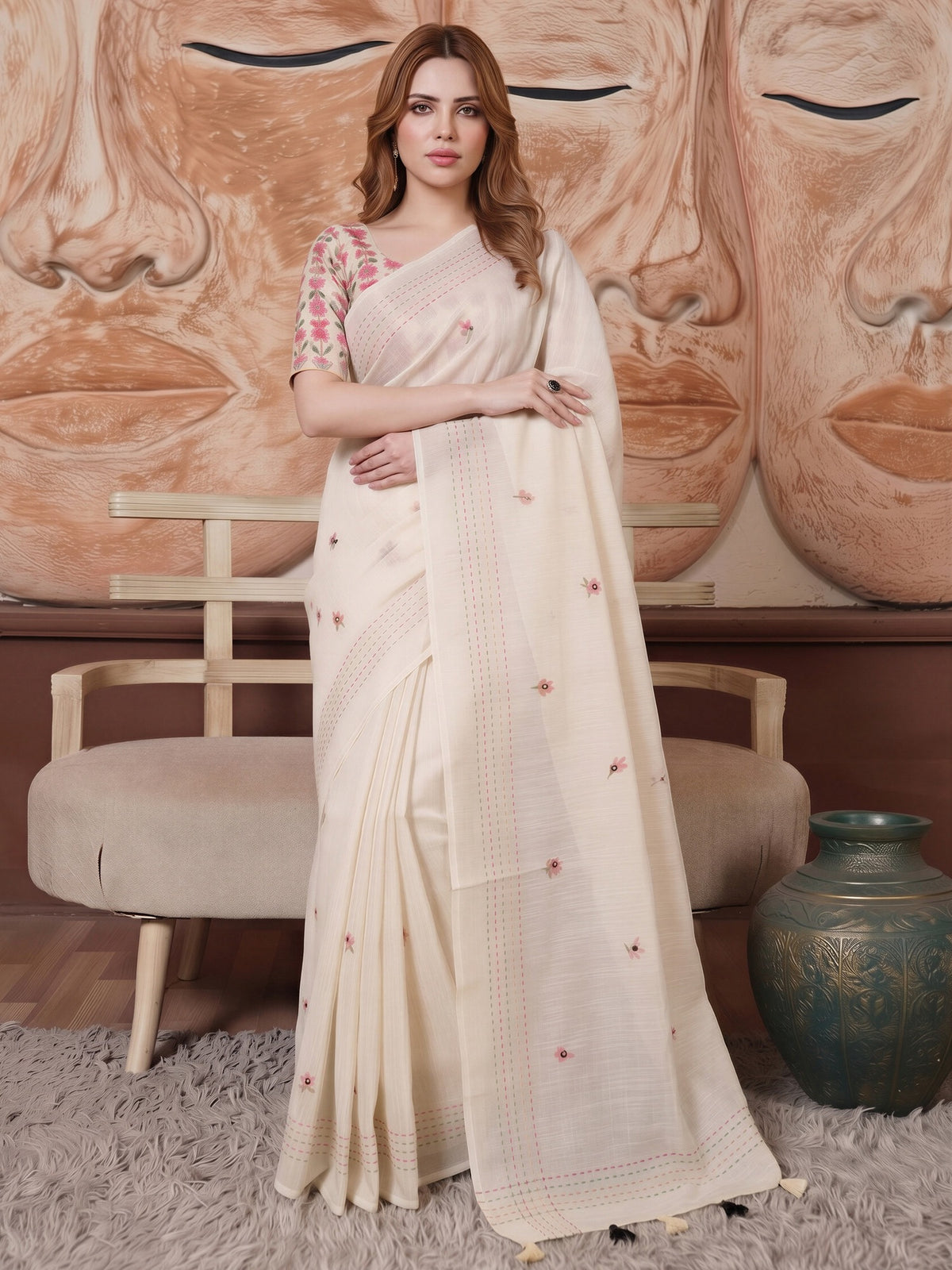 Cream linen saree view 3