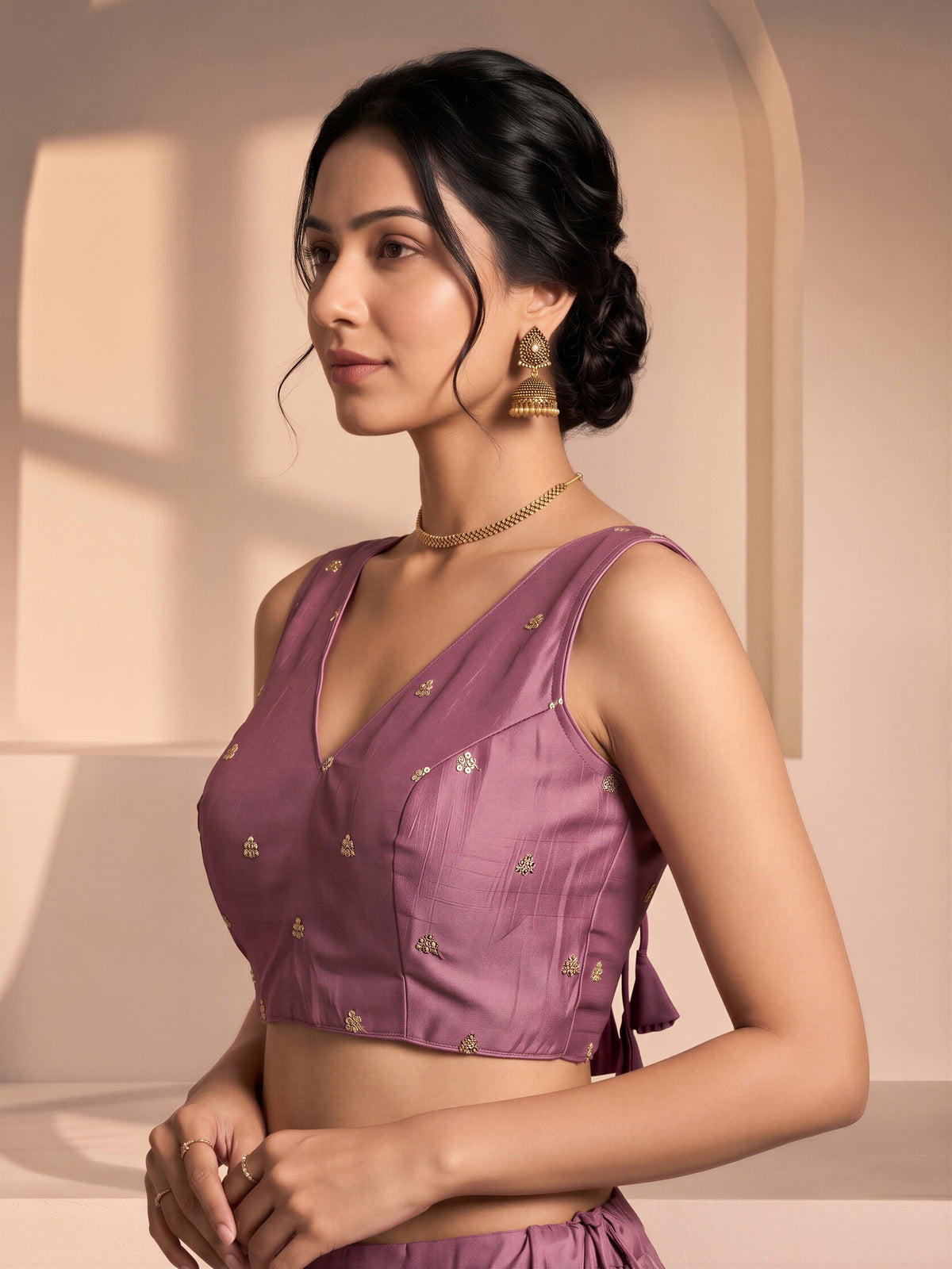 Lavender sequin embellished vichitra silk sleeveless readymade saree blouse with v neck view 2