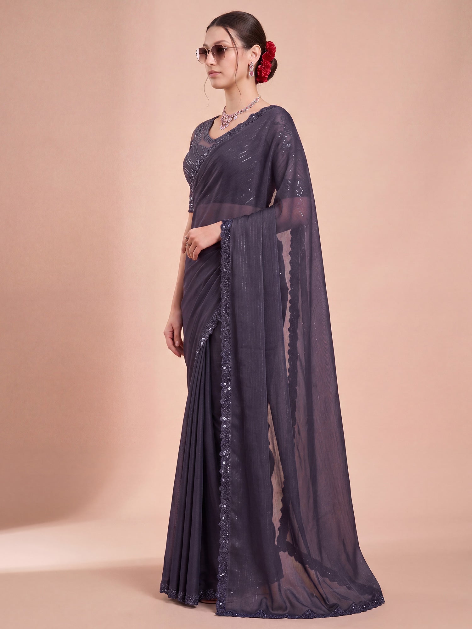 Violet Georgette saree – detail view 2