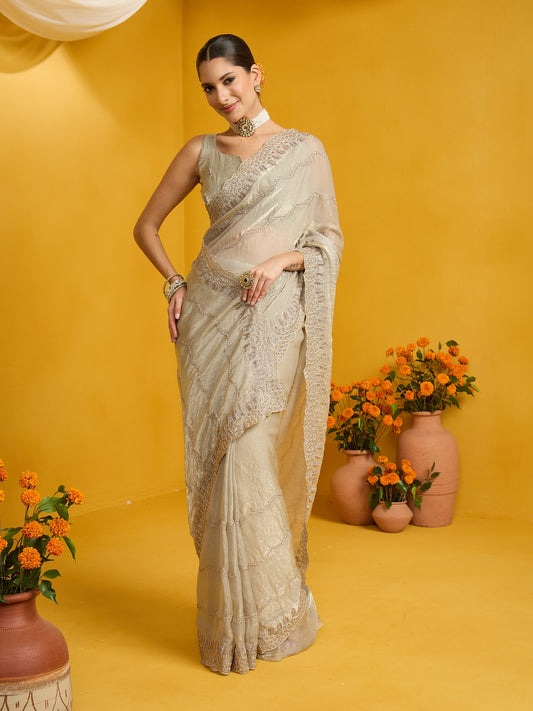 Woman wearing light green satin silk saree with ornamented surface design and light green blouse