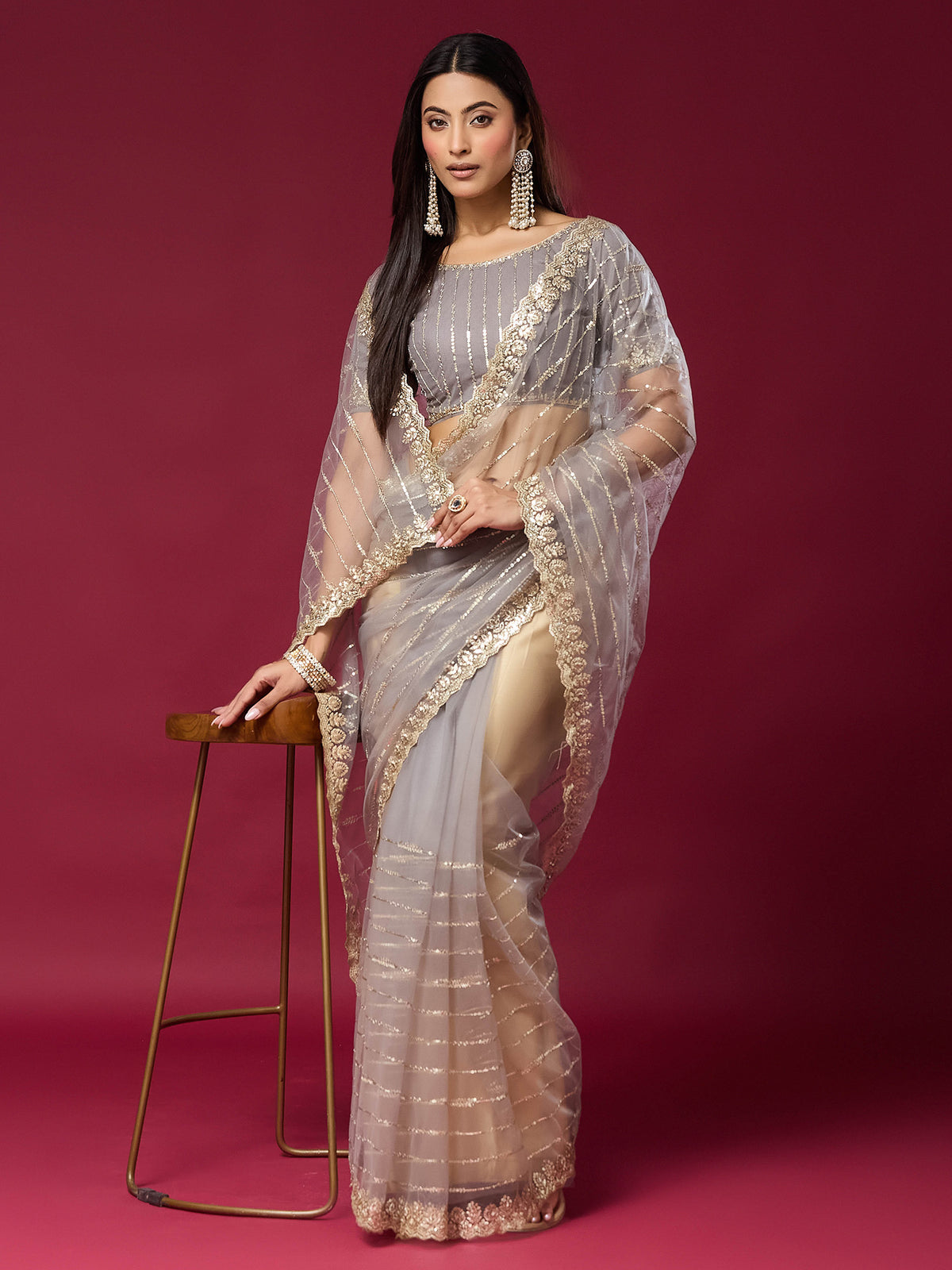 Grey Net saree – detail view 2