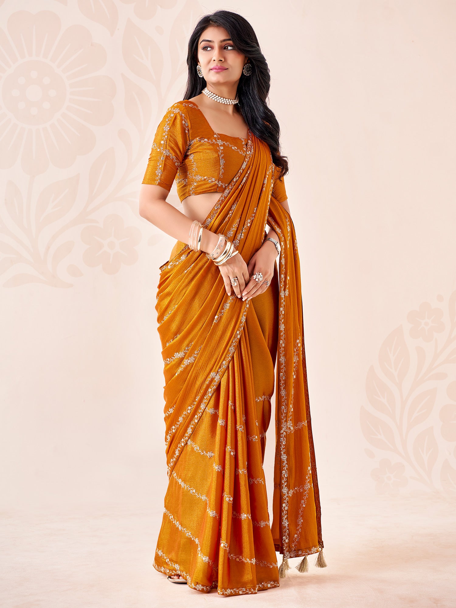 Mustard Chiffon saree – detail view 1