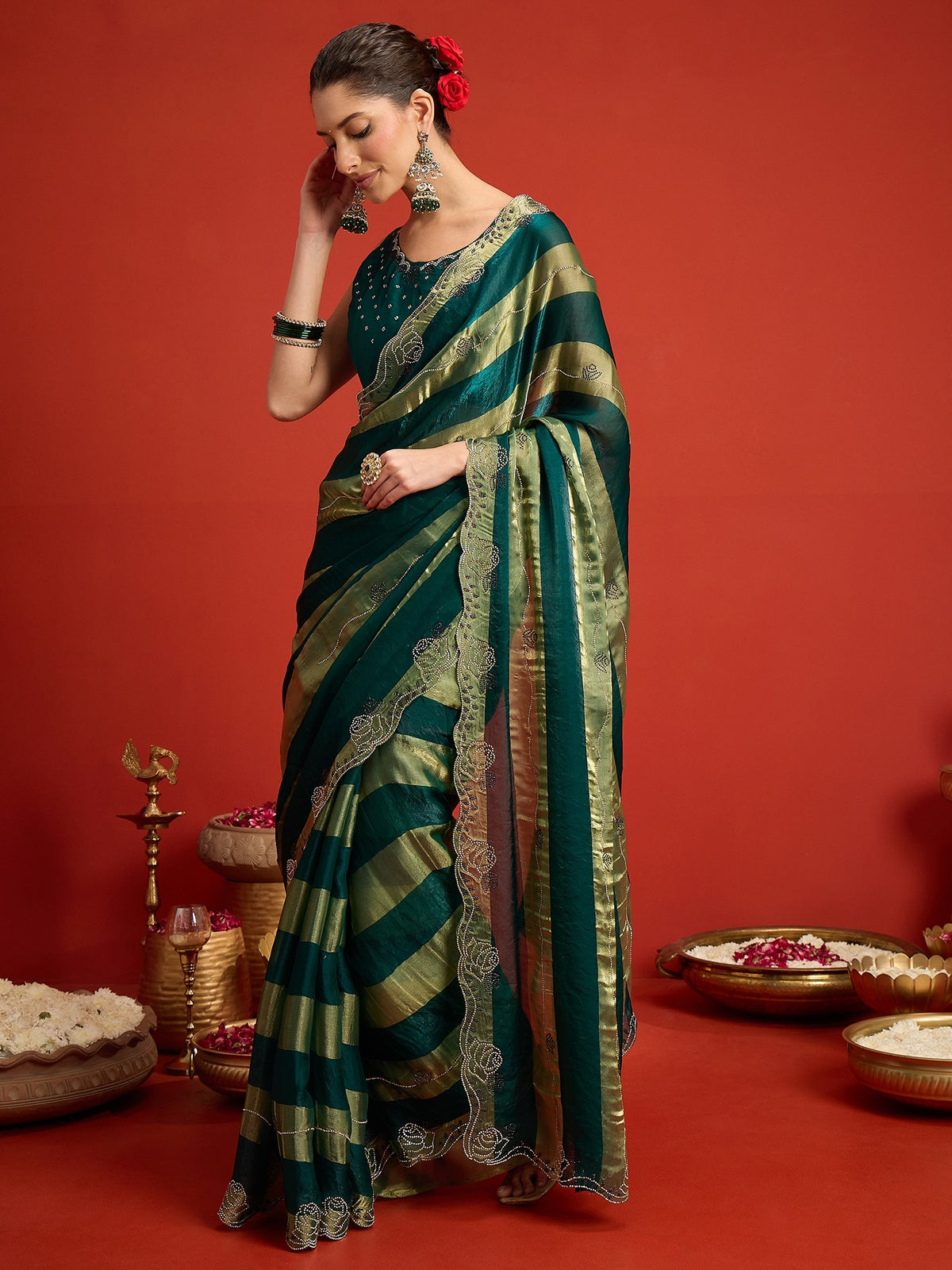 Teal Green Satin Silk saree – detail view 1
