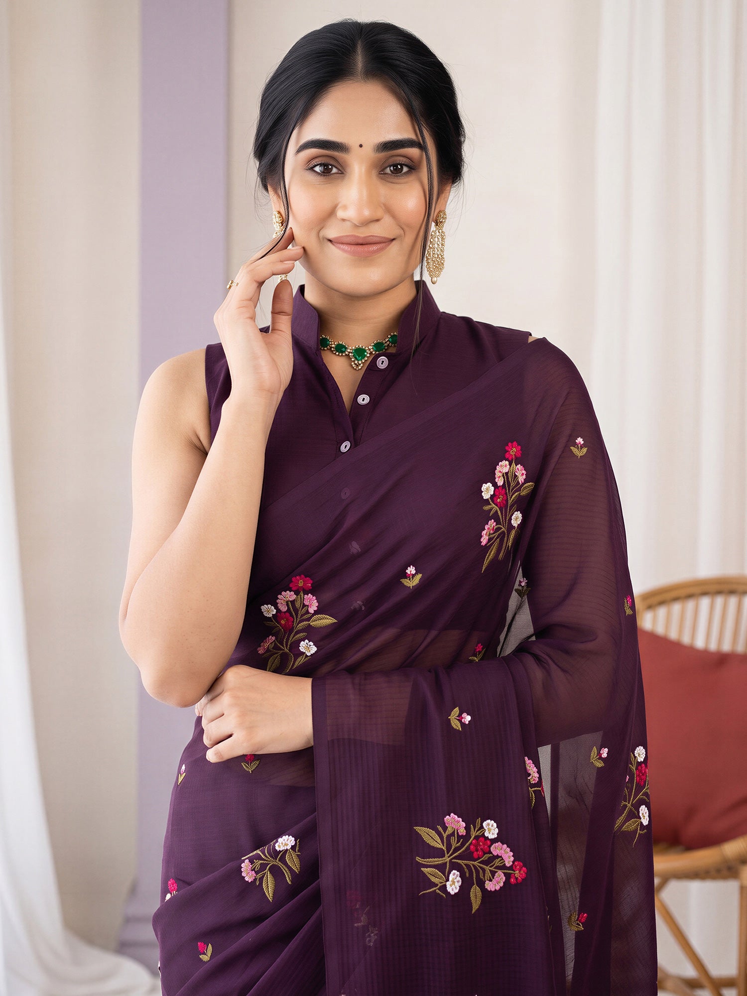 Wine Kota Doria Cotton saree – detail view 4