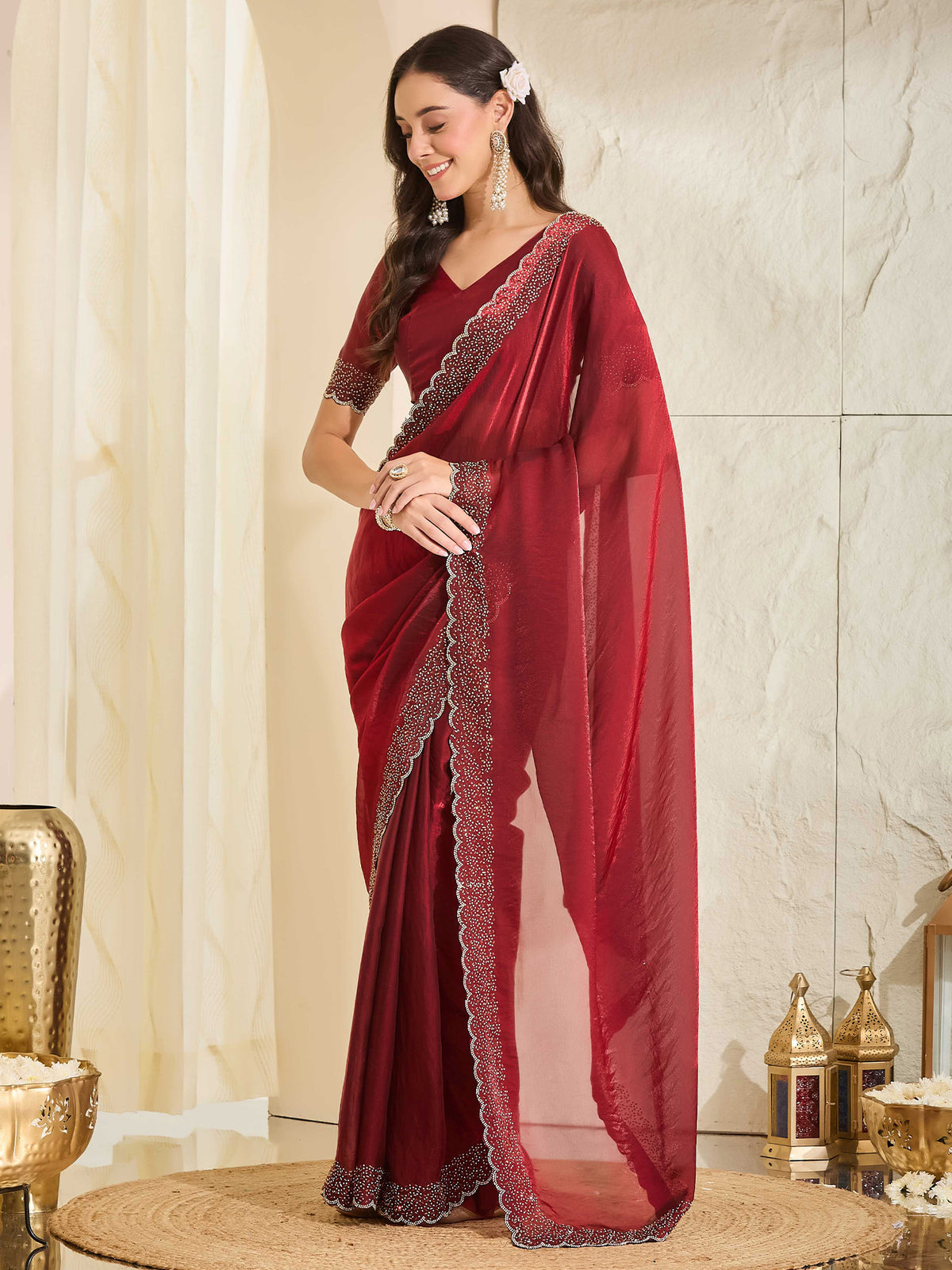 Maroon Satin saree – detail view 3