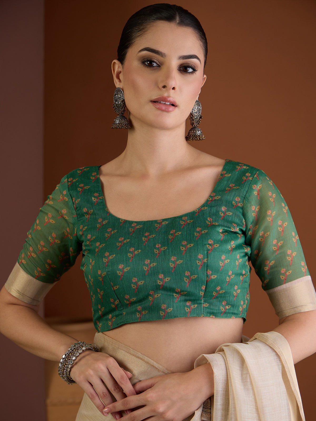 Beige linen blend saree view 1
