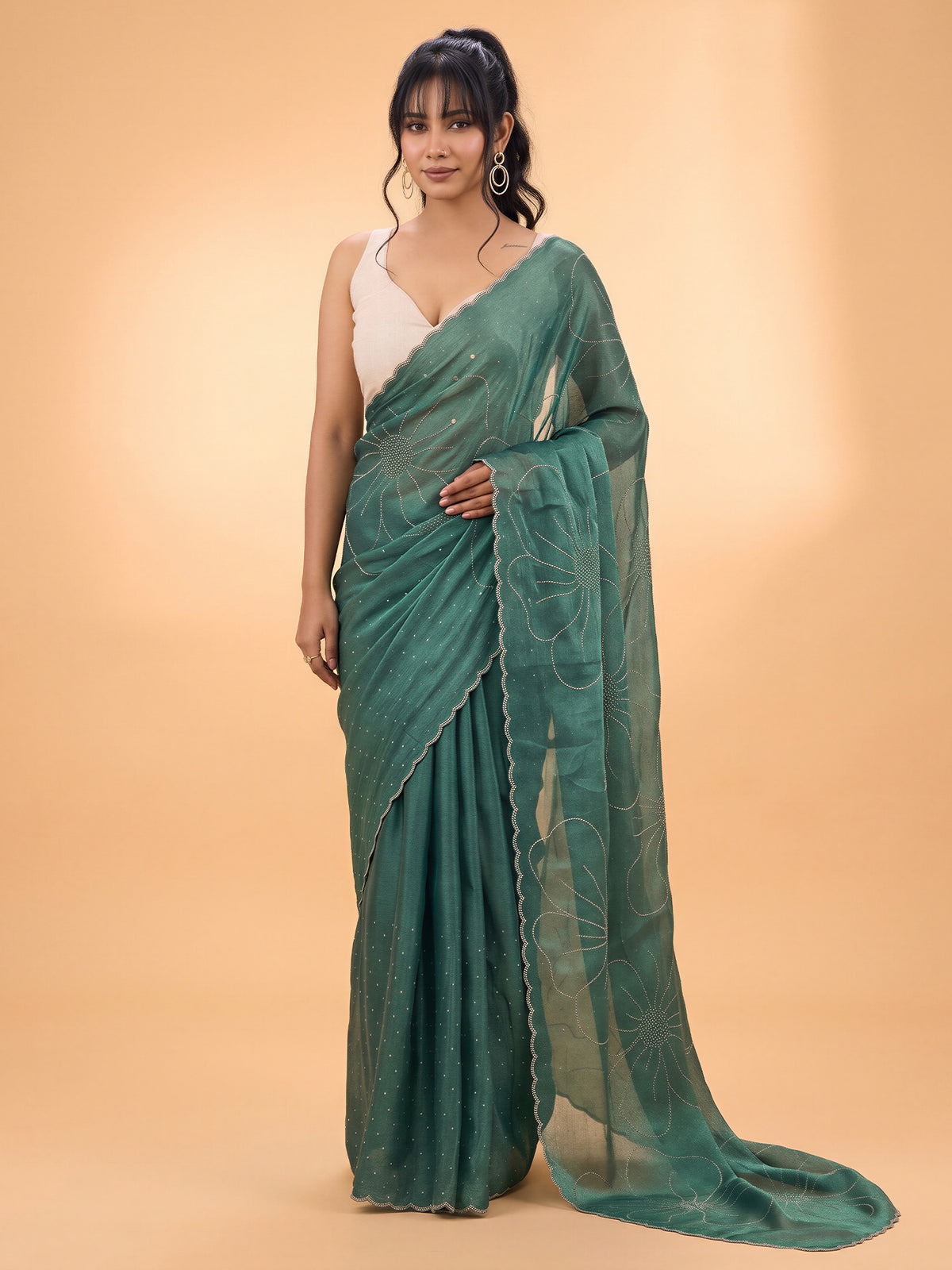 Teal Green Satin Silk saree – detail view 3