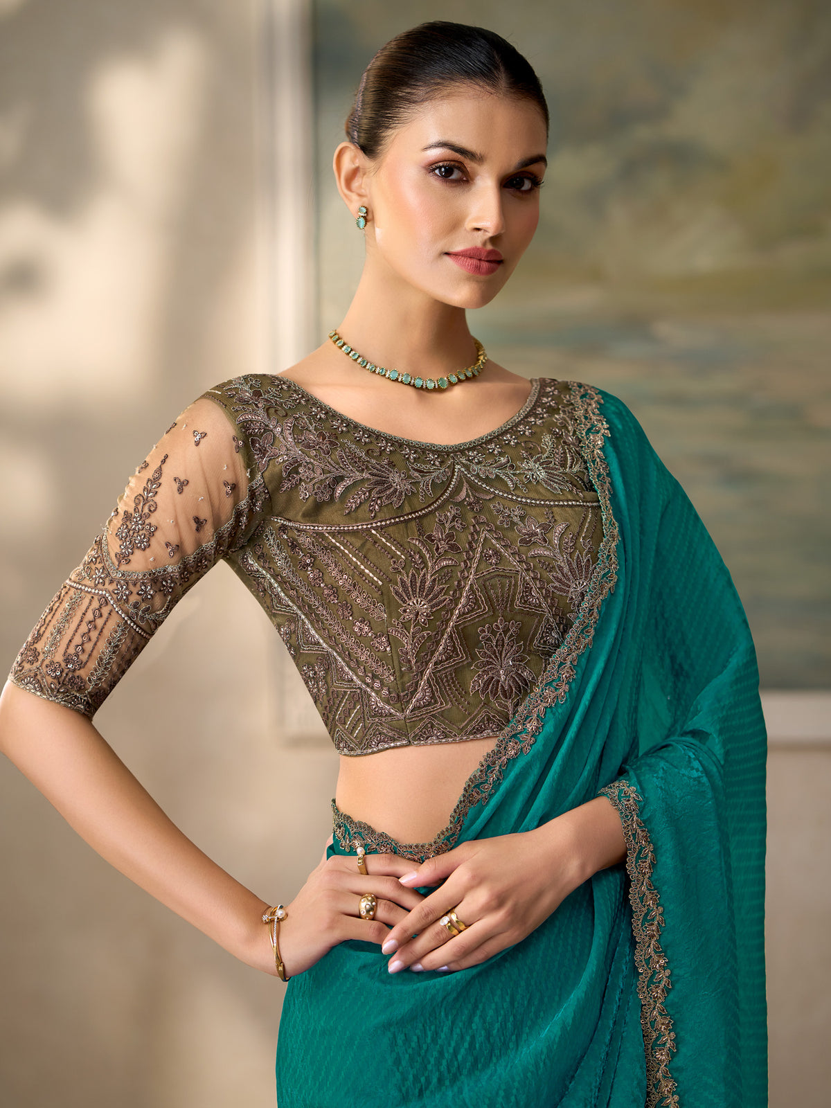 Teal Green Satin Silk saree – detail view 1