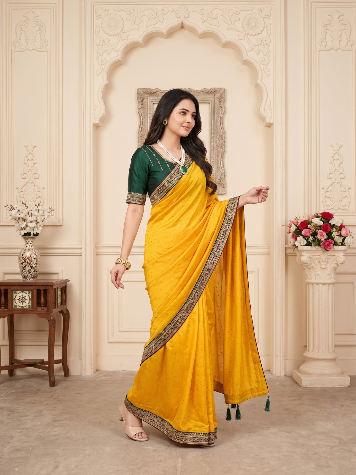 Mustard Vichitra Silk saree – detail view 2