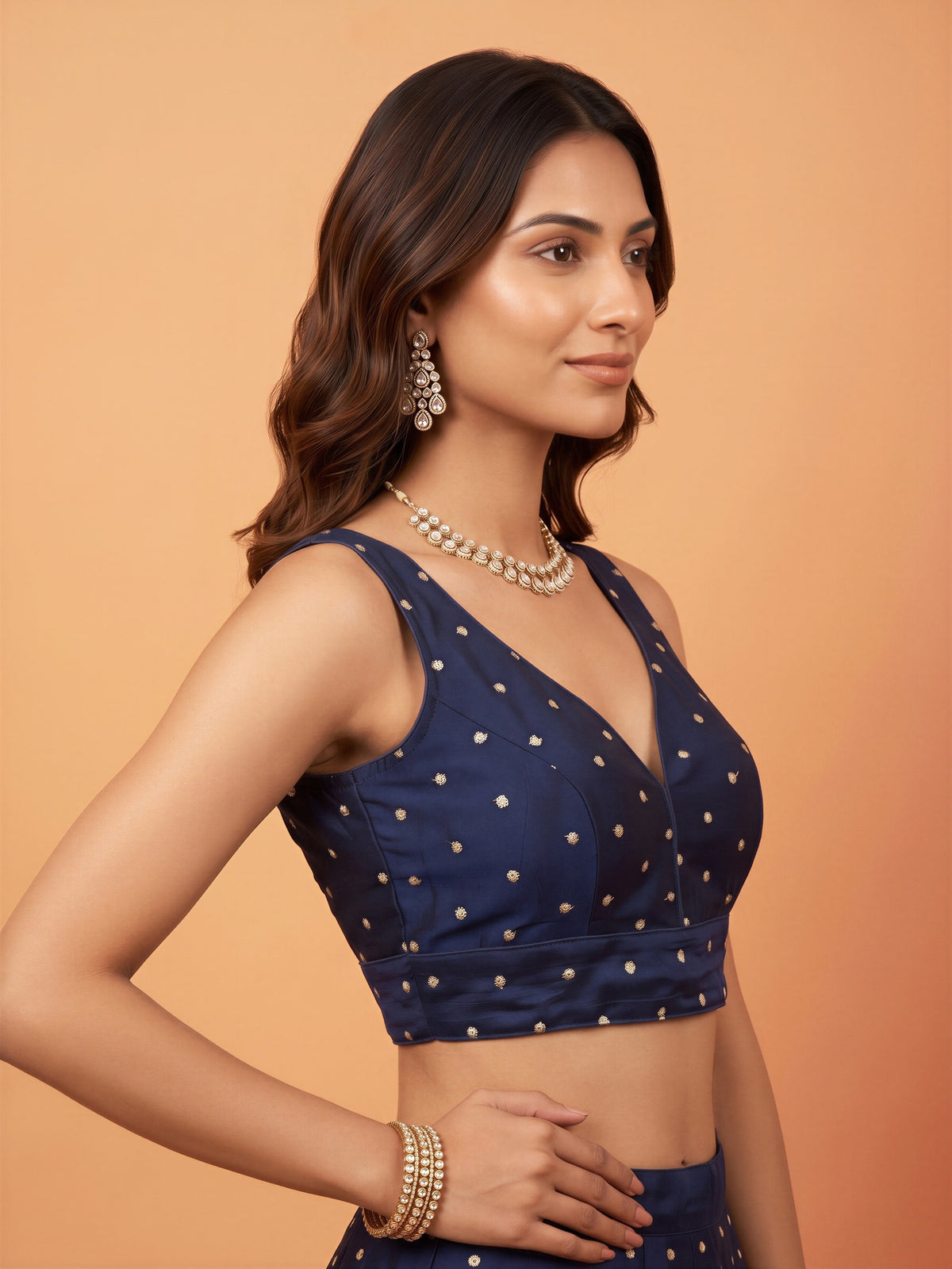Dark Blue sequin embellished silk blend sleeveless readymade saree blouse with v neck view 2
