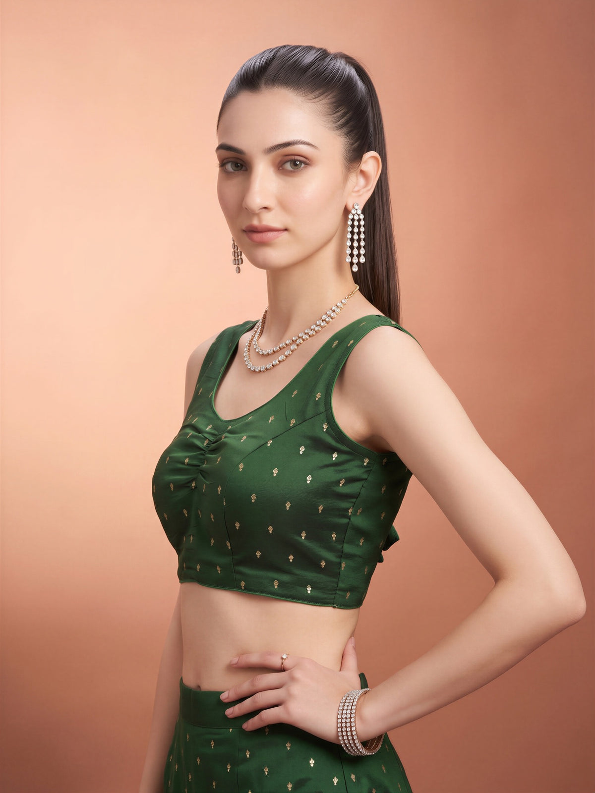 Dark Green sequin embellished silk blend sleeveless readymade saree blouse with round neck view 2