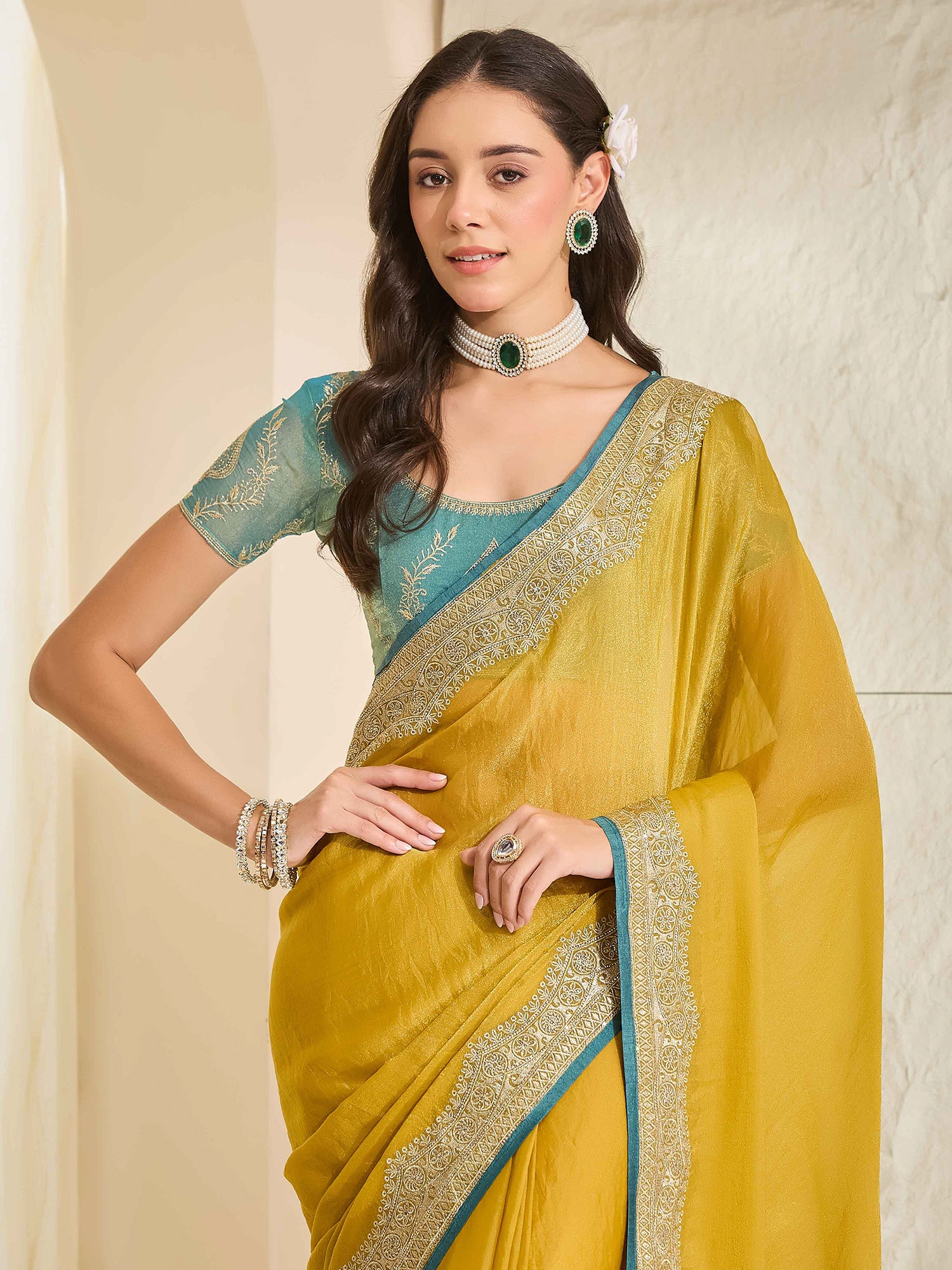 Mustard Satin saree – detail view 4