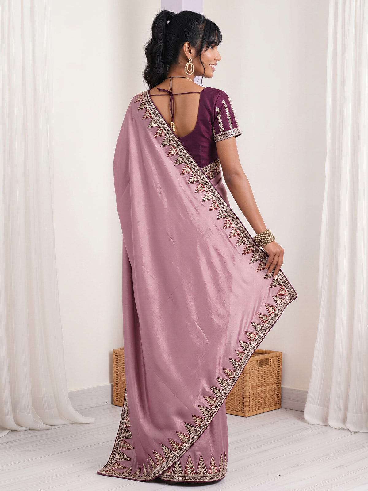Lavender Vichitra Silk saree – detail view 1