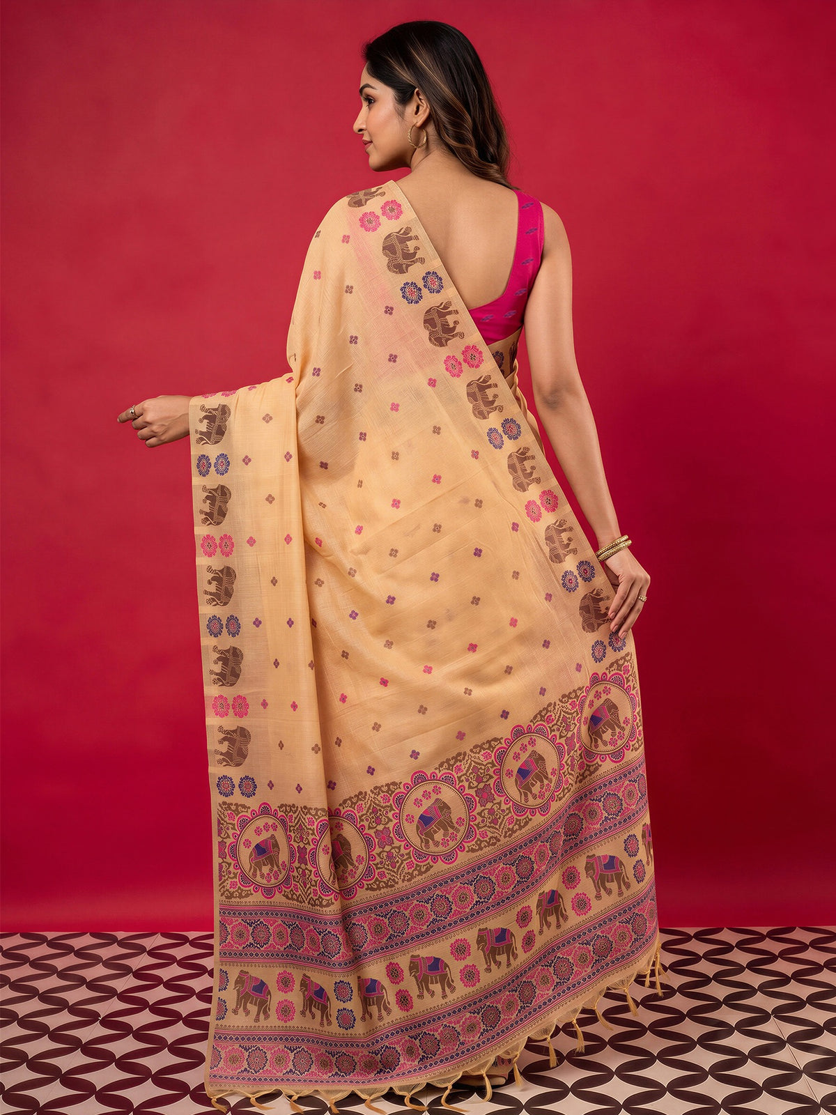 Peach silk blend saree view 1
