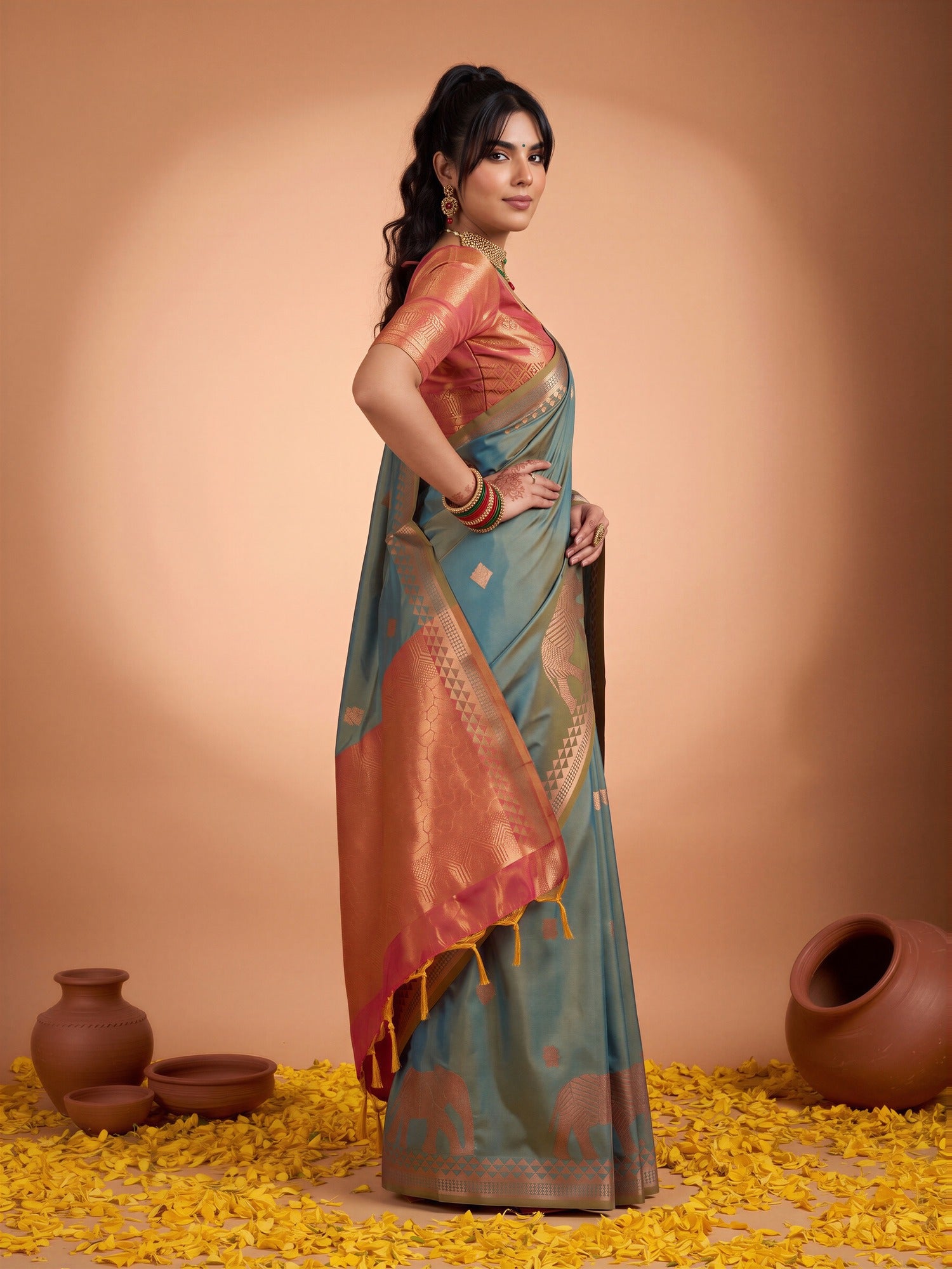 Teal Blue Silk saree – detail view 2