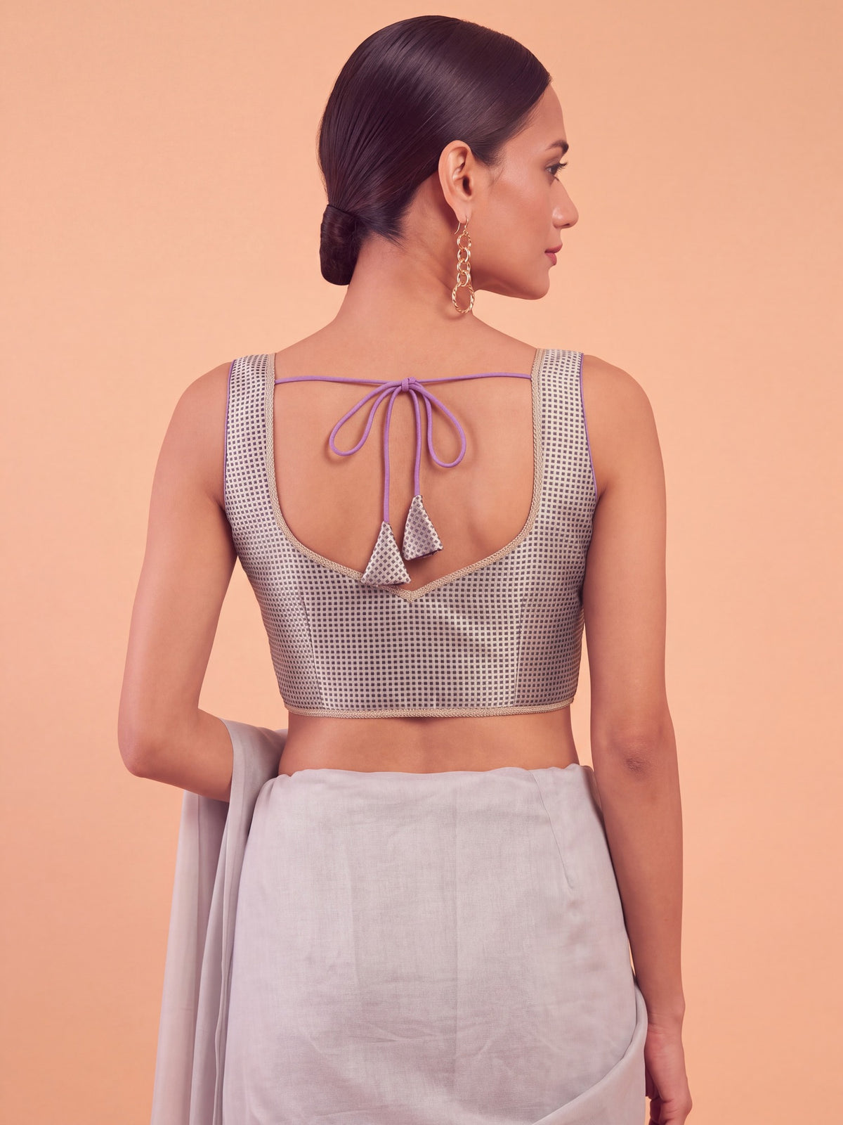 Lavender woven metallic jacquard sleeveless readymade saree blouse with sweetheart neck view 1