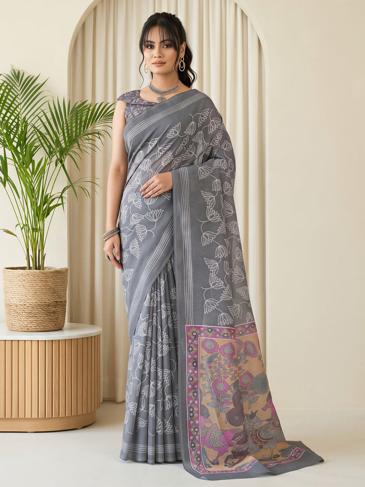 Grey Linen Blend saree – detail view 3