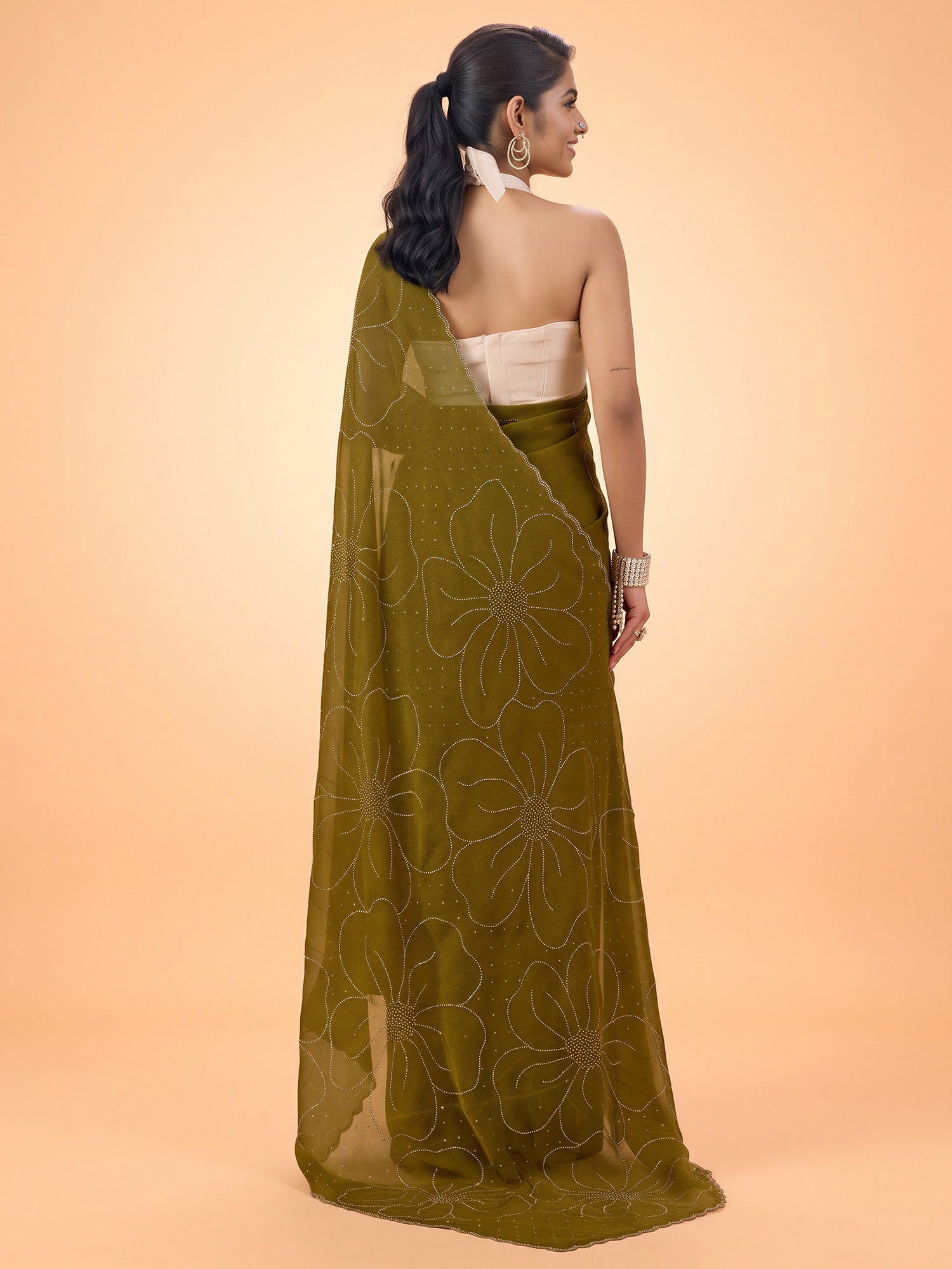 Olive Satin Silk saree – detail view 1