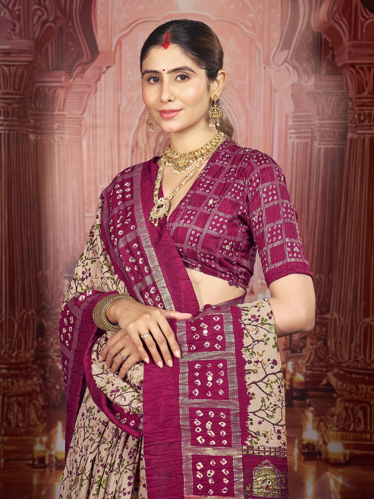 Cream tussar silk saree view 1