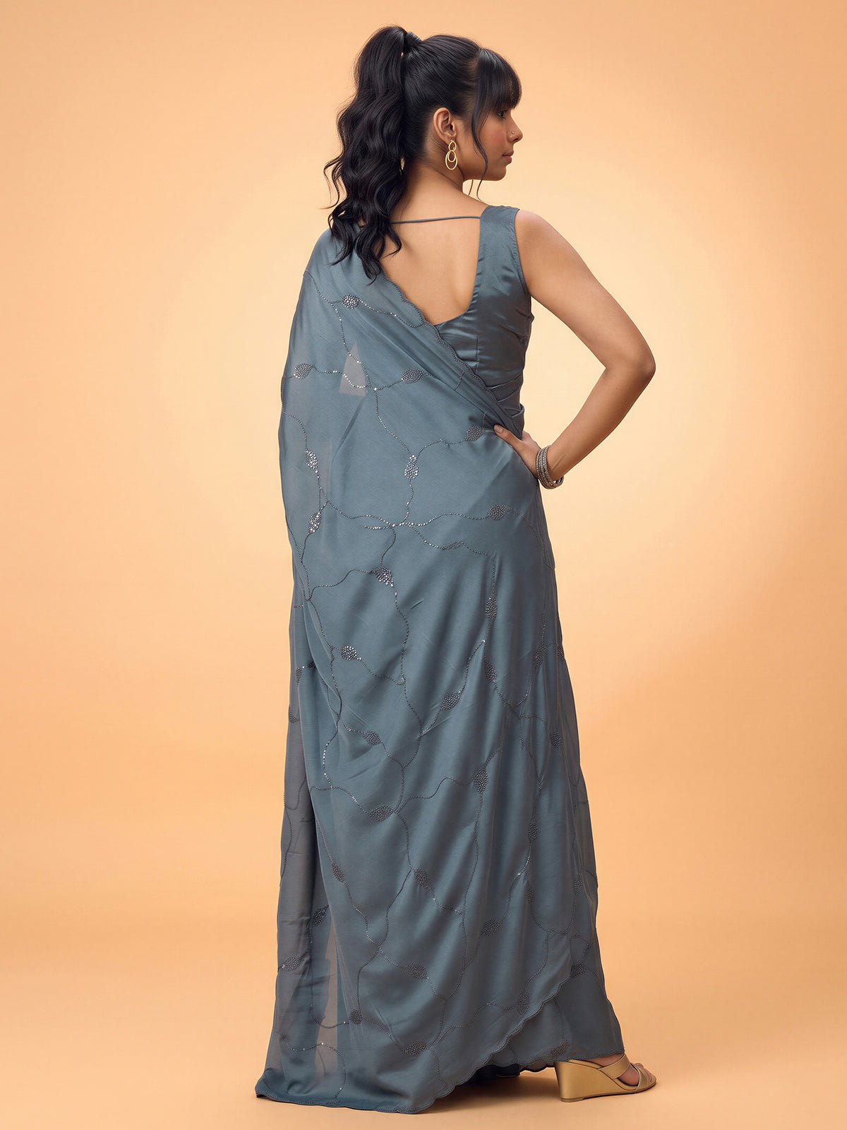 Teal Blue Satin Silk saree – detail view 1