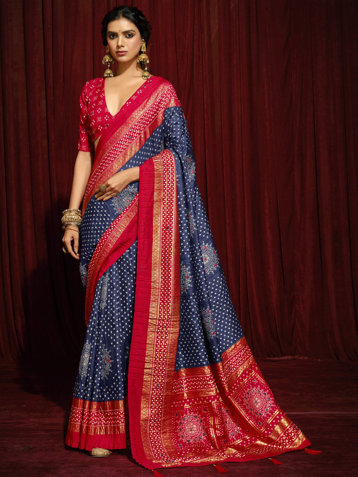 Navy Blue foil tussar silk saree with red blouse piece
