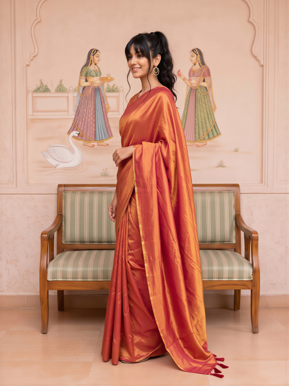 Orange Vichitra Silk saree – detail view 2