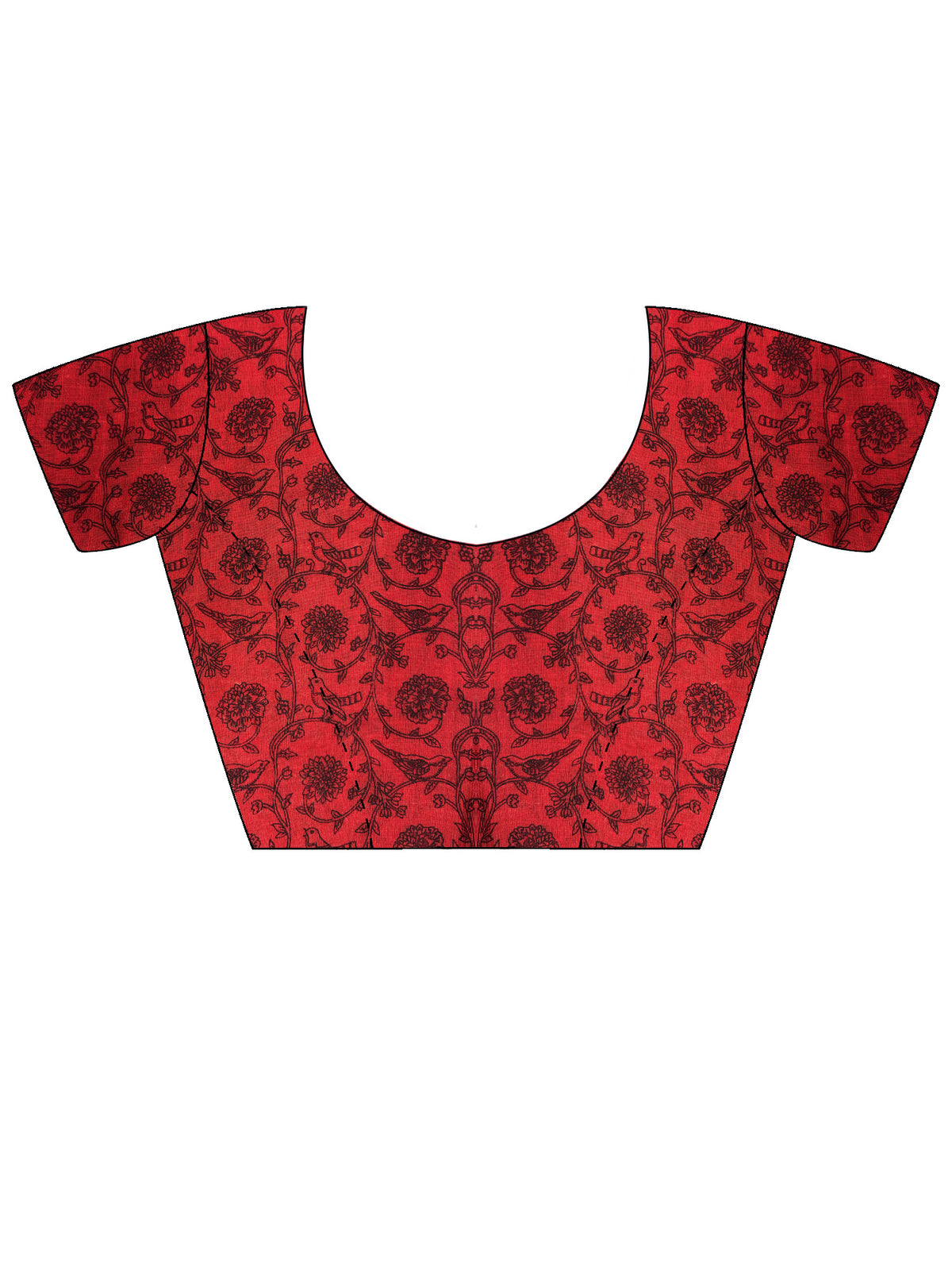 Unstitched red linen blouse piece with botanical design