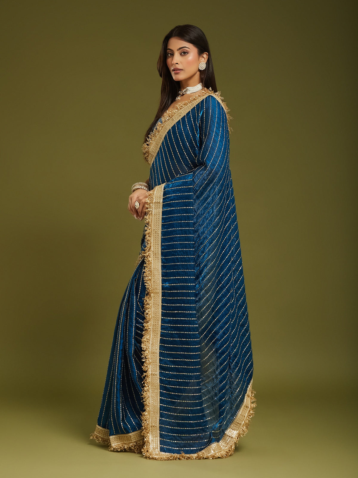Teal Blue Satin saree – detail view 4