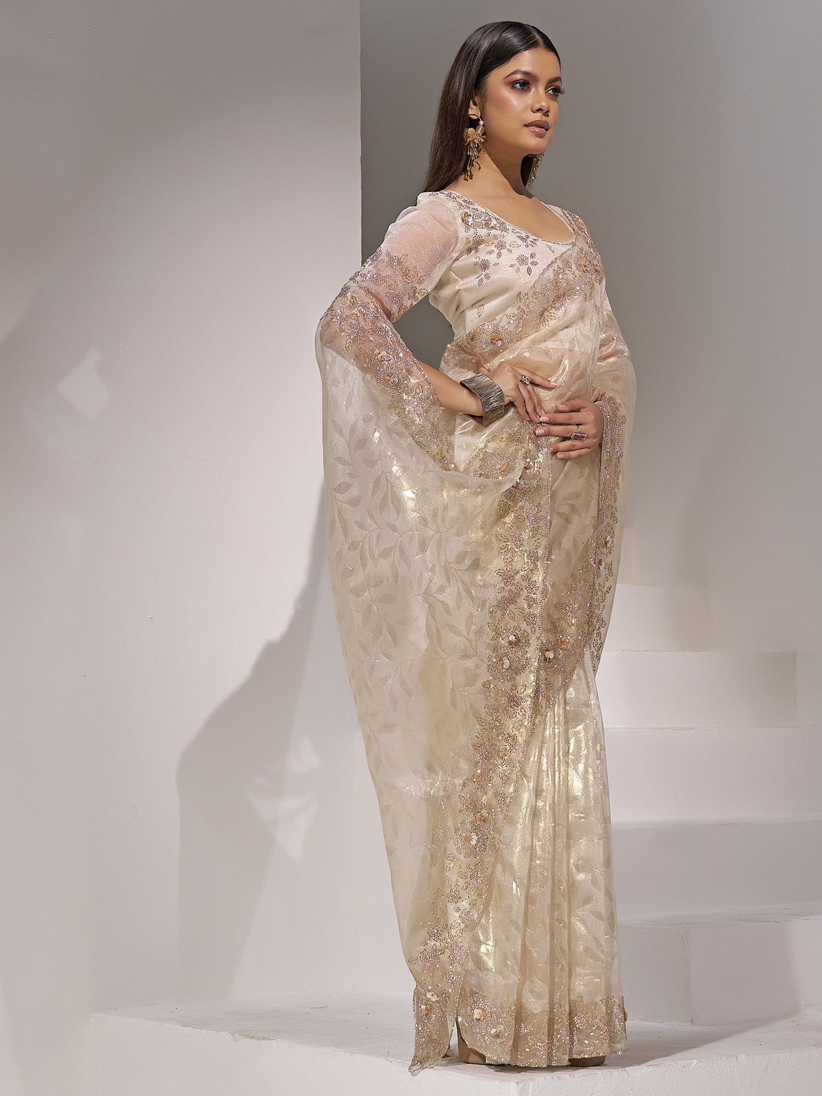Cream organza saree view 2