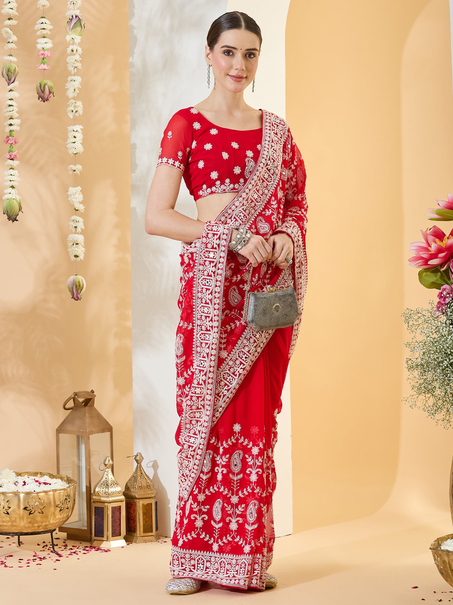 Red Georgette saree – detail view 3
