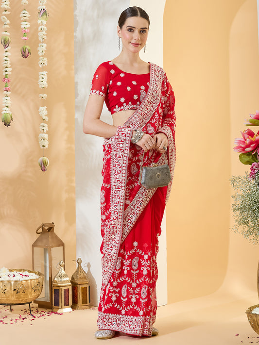 Red Georgette saree – detail view 3
