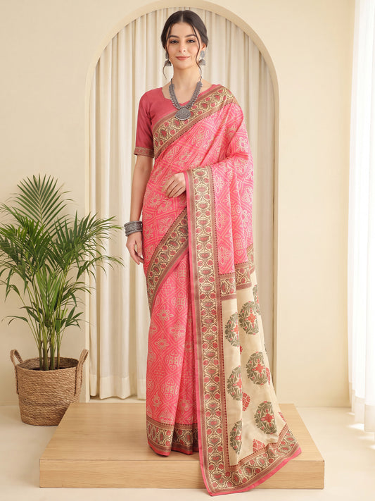 Woman wearing peach silk blend saree with traditional indian motif work and peach blouse