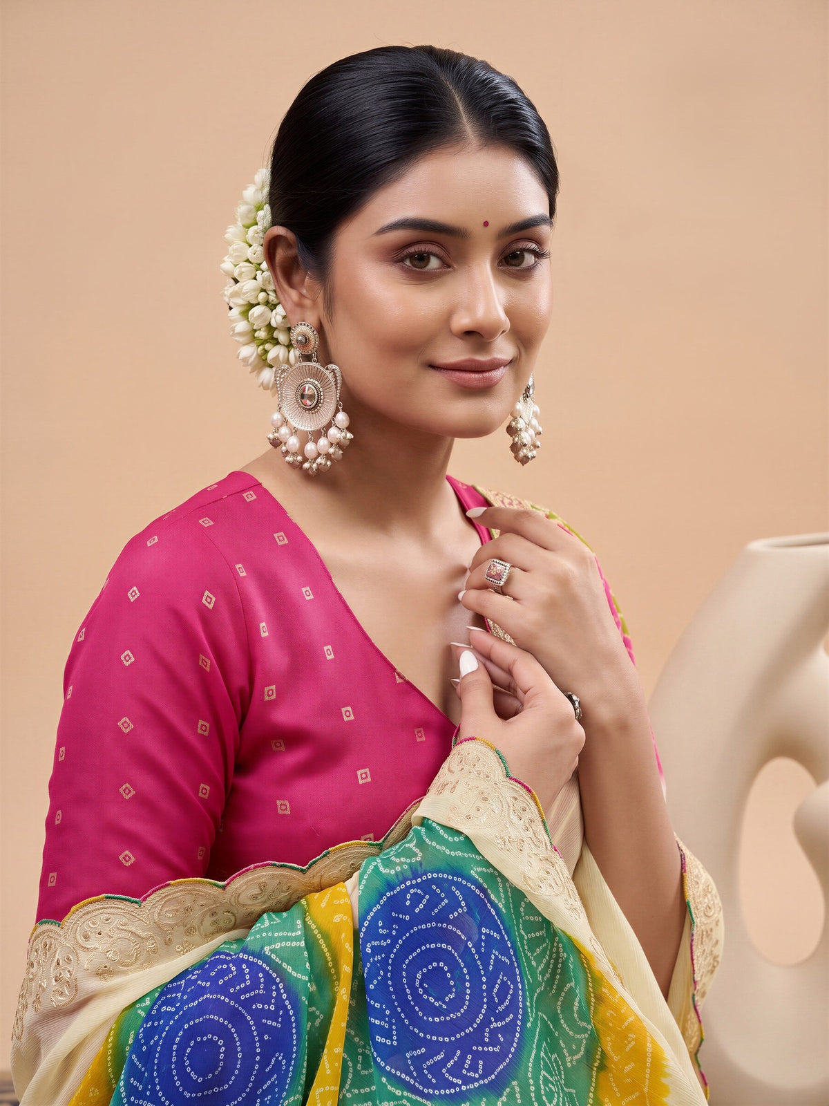 Unstitched pink chiffon blouse piece with zari butta design
