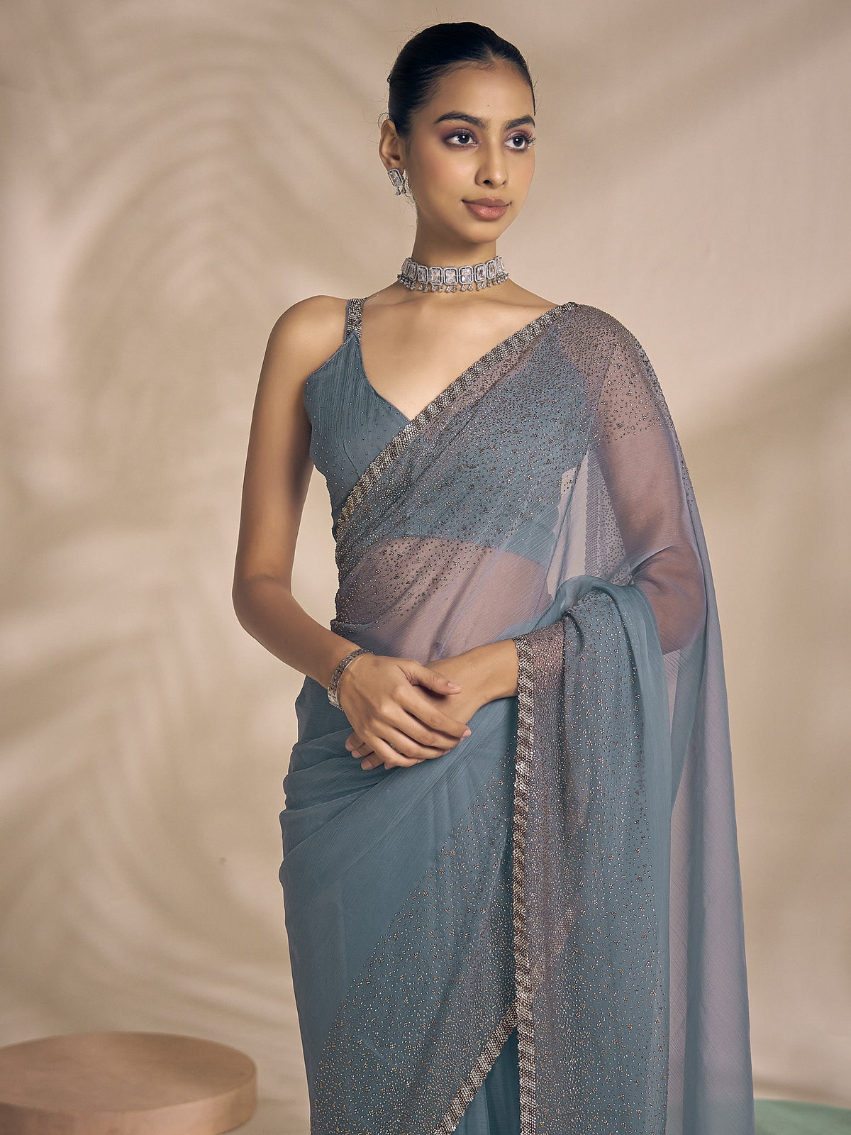 Light Blue chiffon saree view 4