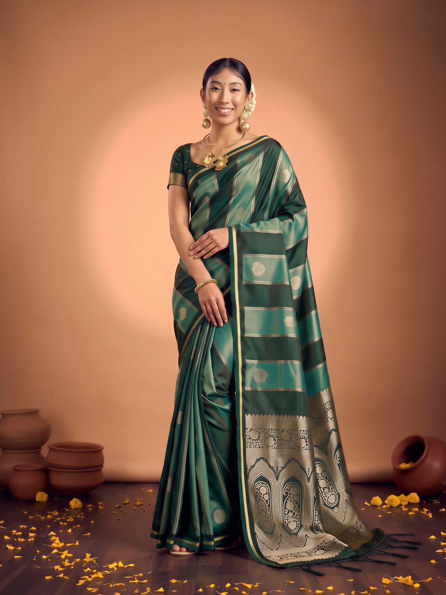 Green Satin saree – detail view 2